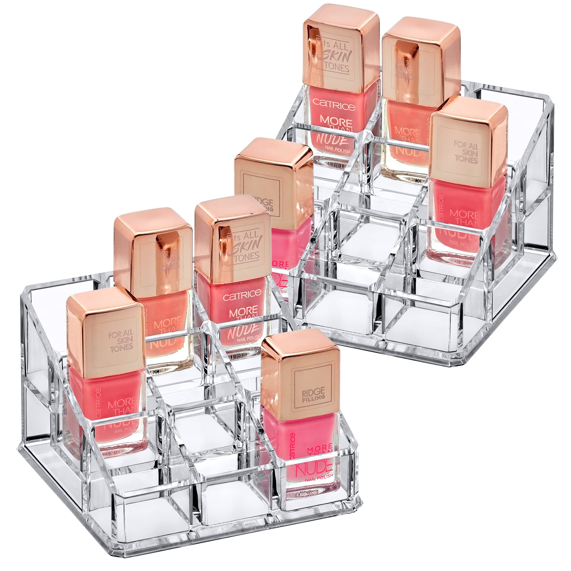 Amazing Abby - Glamour - 2-Pack 9-Slot Acrylic Nail Polish Organizer, Lipstick Holder, Lip Gloss Organizer, Cosmetic Storage Dis