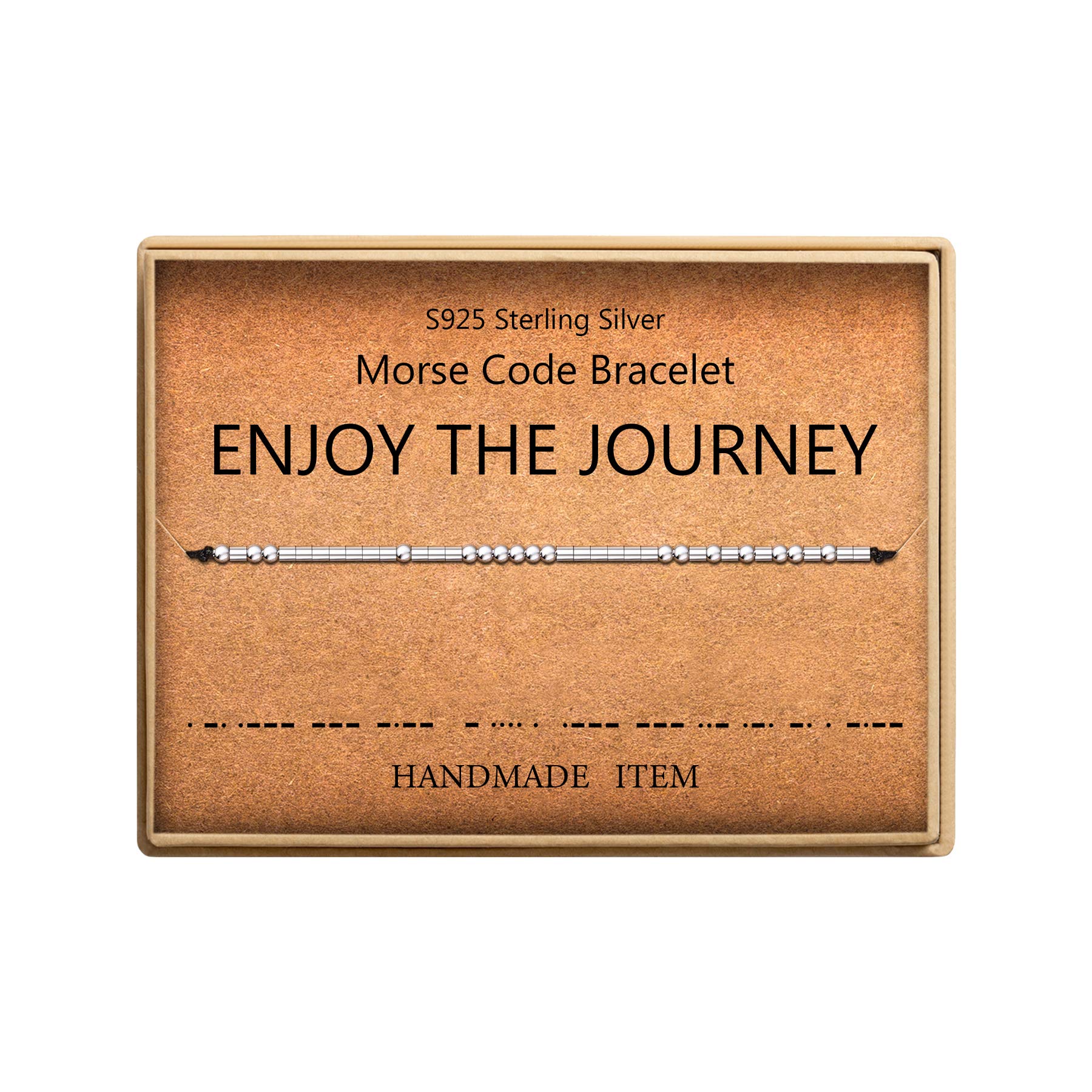 KGBNCIE ENJOY THE JOURNEY Morse Code Bracelet for Women Sterling Silver Beads on Silk Cord Friendship Bracelet Inspirational Gif