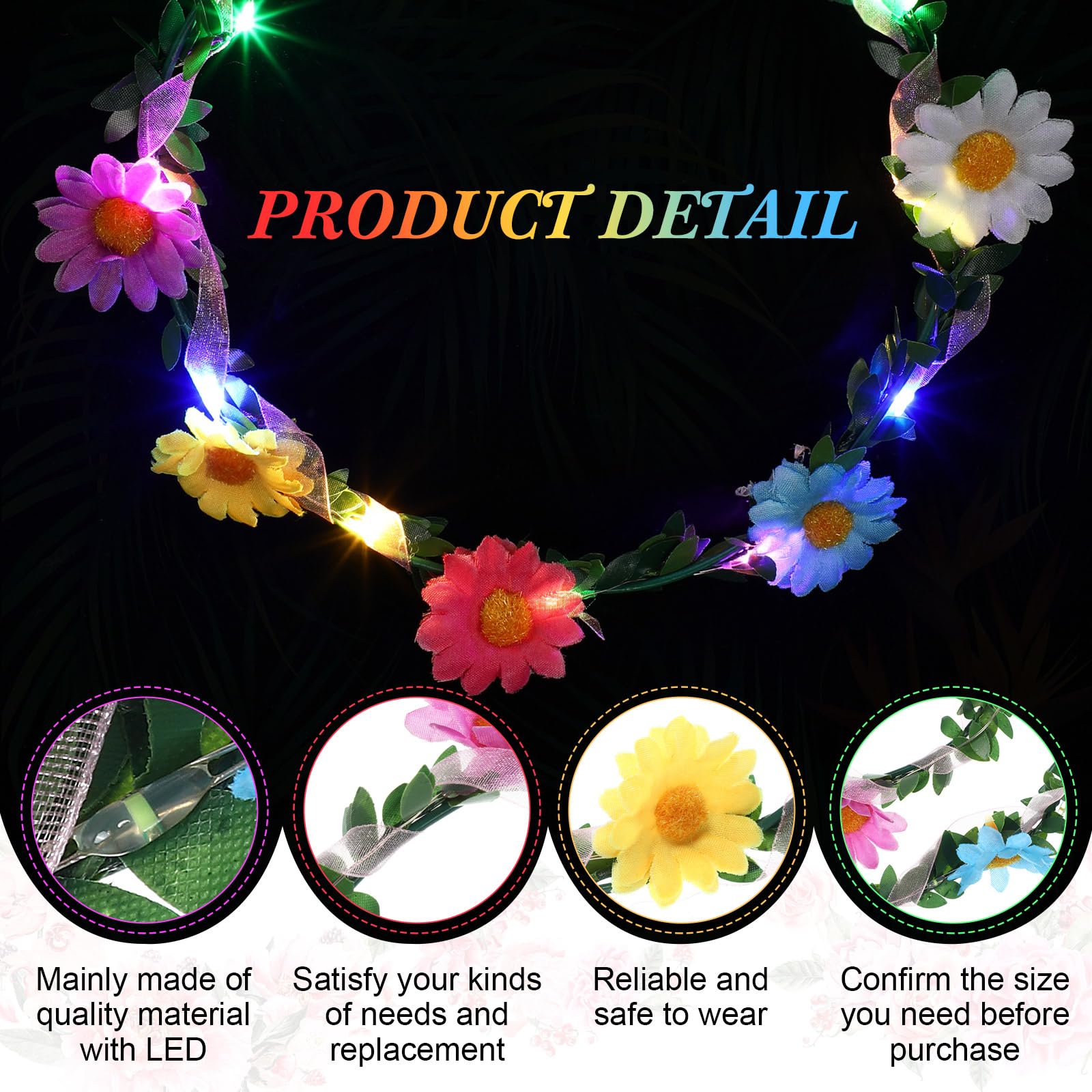 40 Pcs LED Flower Headband, Light up Flower Crown Garland Flower Headdress Floral Headpiece for Women Hair Accessories Birthday