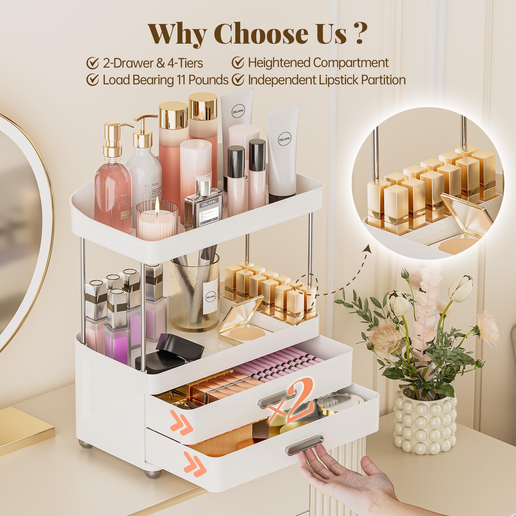 Delamu Bathroom Counter Organizer with Lipstick Holder, 4-Tier 2-Drawers Makeup Organizer, Bathroom Organizers and Storage for V
