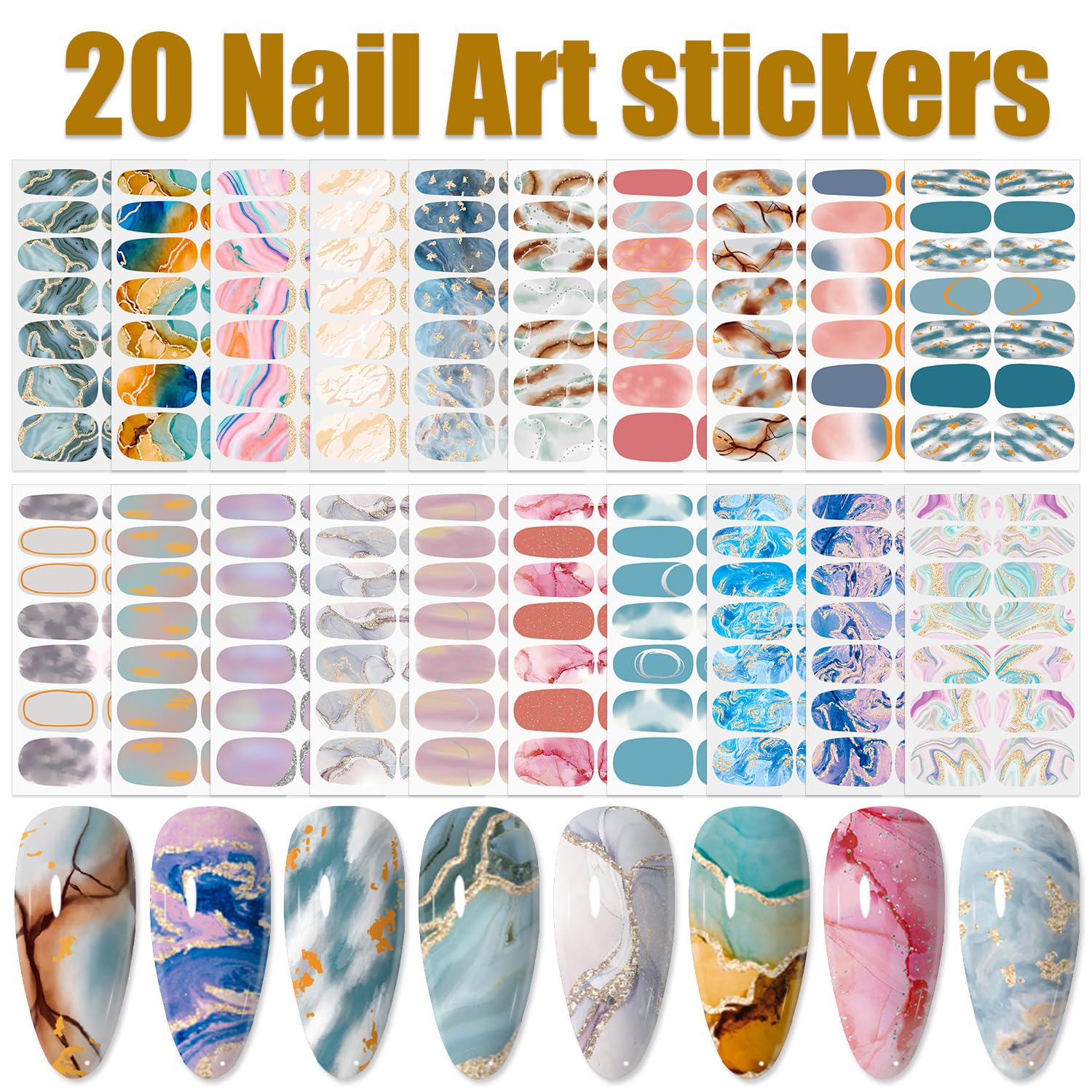 Wokoto 20 Sheets 280 Pieces Marble Design Gel Nail Polish Strips For Women Gradient Nail Gel Stickers Wraps Gel Nail Stickers Fu