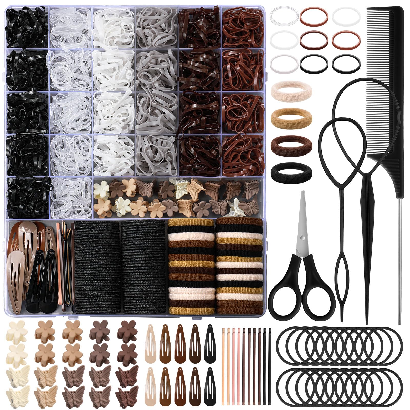 Brown Hair Accessories for Girls, 2194 Pcs Neutral Color Elastic Hair Ties Set with Rubber Bands Baby Hair Clips Bobby Pins Hair
