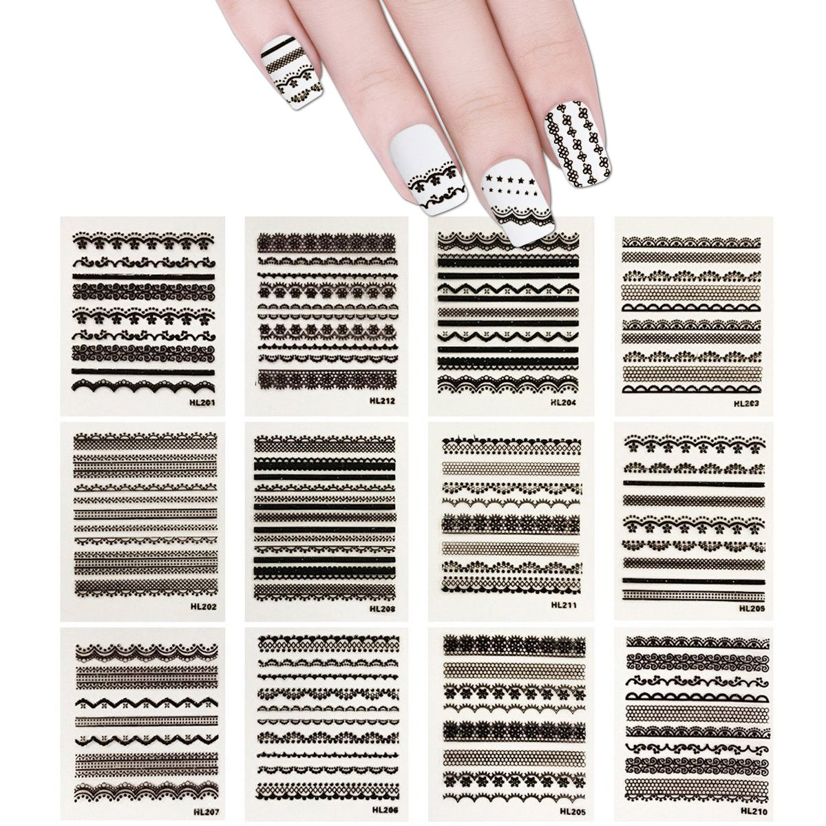 ALLYDREW Black Lace Nail Stickers Nail Art Lace Nail Decals, Random Mix (set of 30)