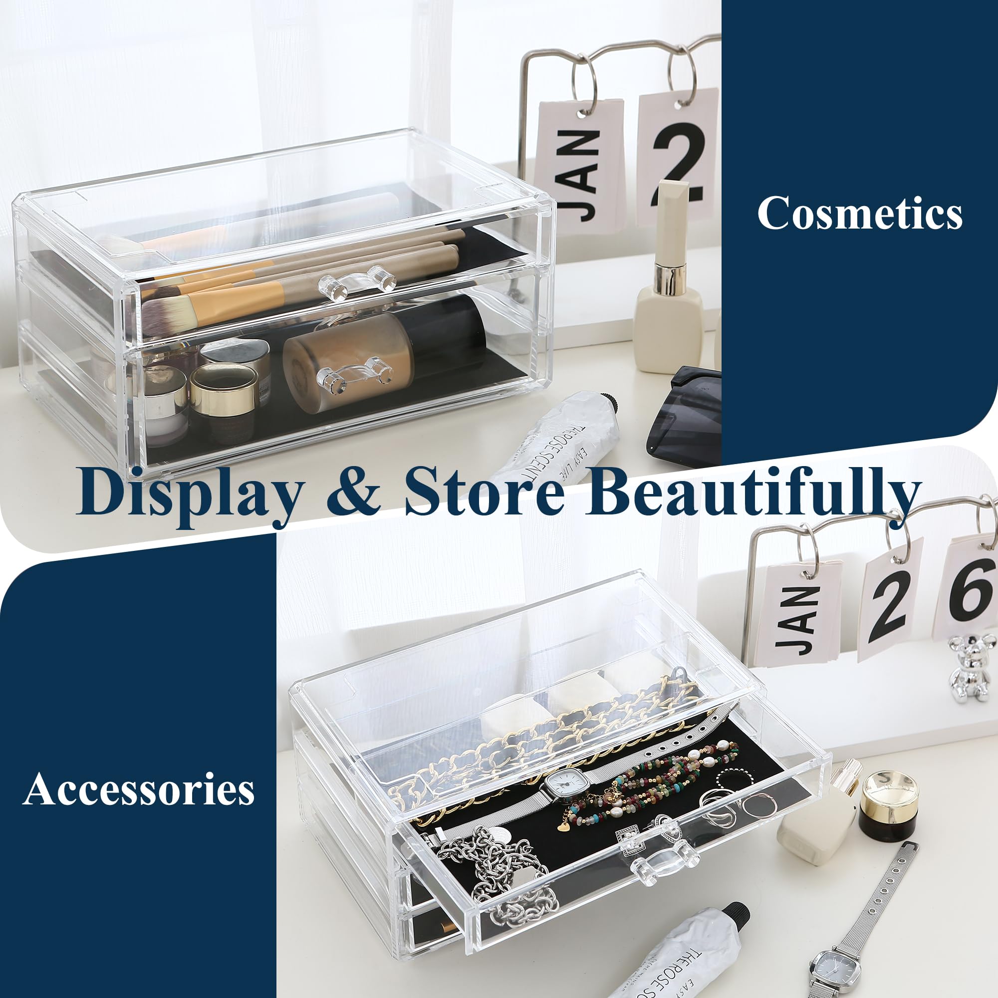 Sea Team Clear Makeup Organizer with Drawers, Acrylic Plastic Cosmetic Display Case, Jewelry Storage Box, Holder for Dresser, Ba