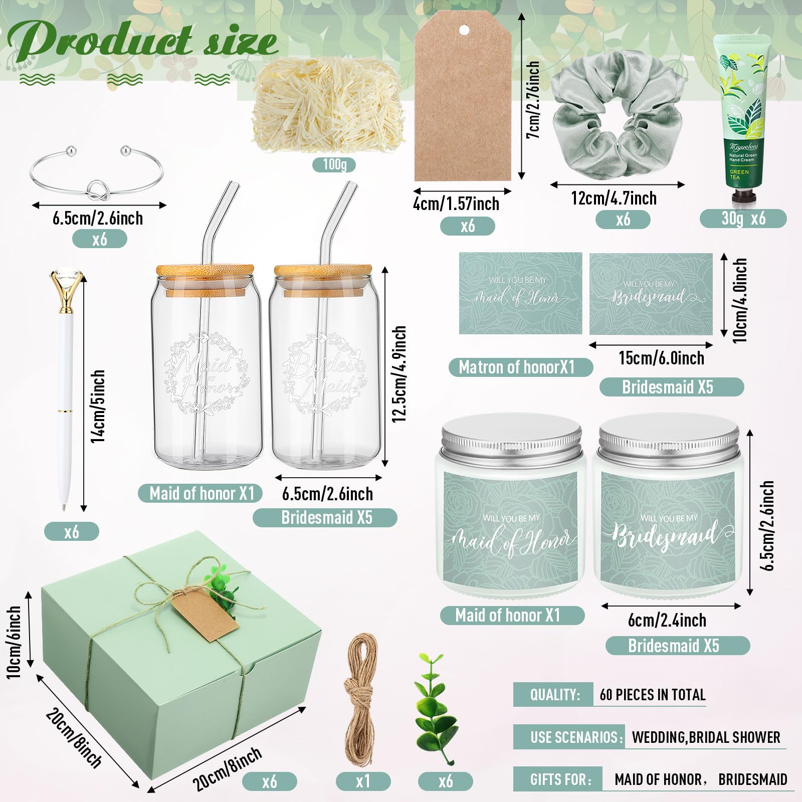 Teenyyou 60 Pcs Bridesmaid Proposal Gifts Bridesmaid Box Set, Maid of Honor Gifts Include Box Glass Cup Candle Cards Scrunchies