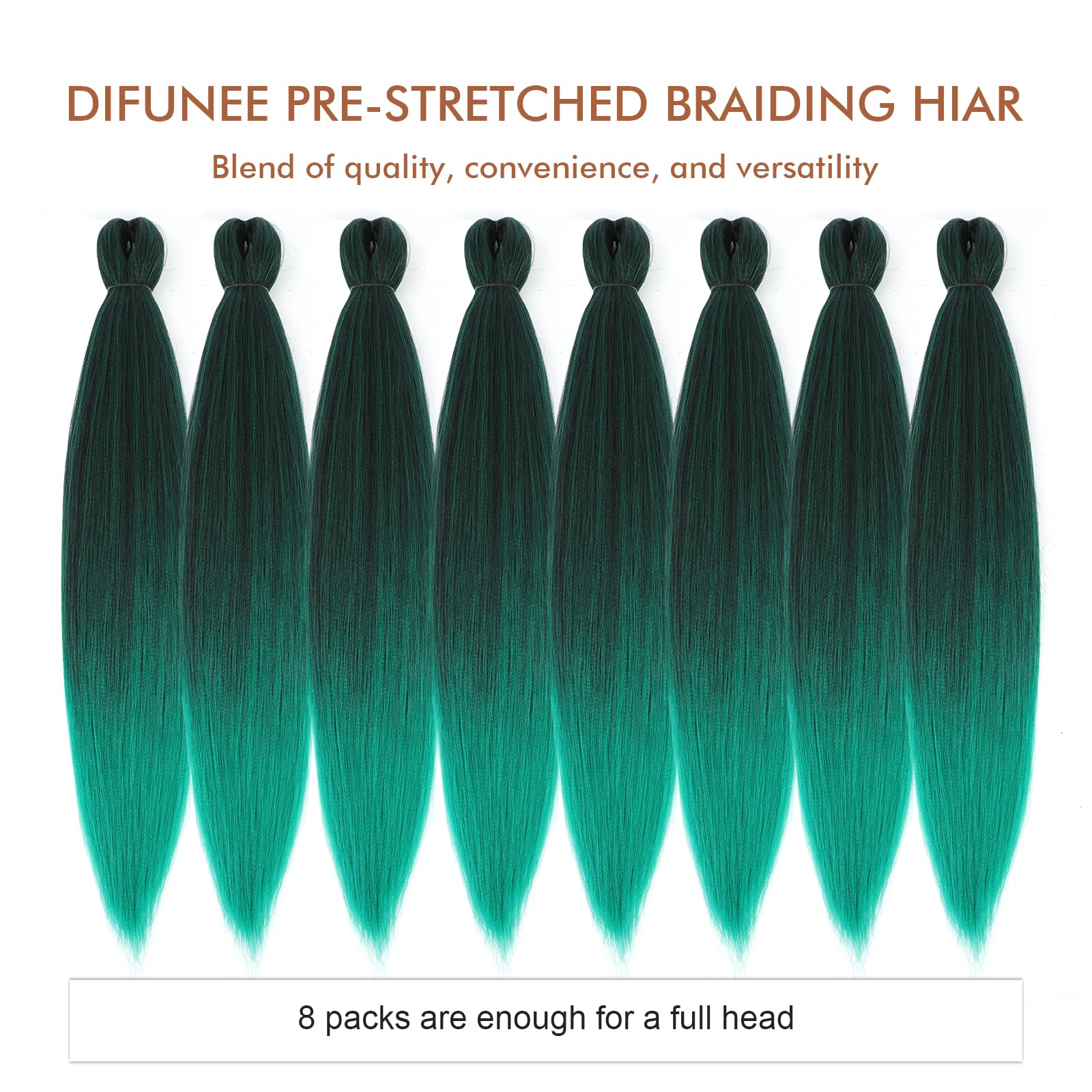 Difunee Pre-Stretched Braiding Hair - 24 Inch 8 Packs Ombre Green Long Braiding Hair For Twist Or Box Braids, Yaki Texture Hot W