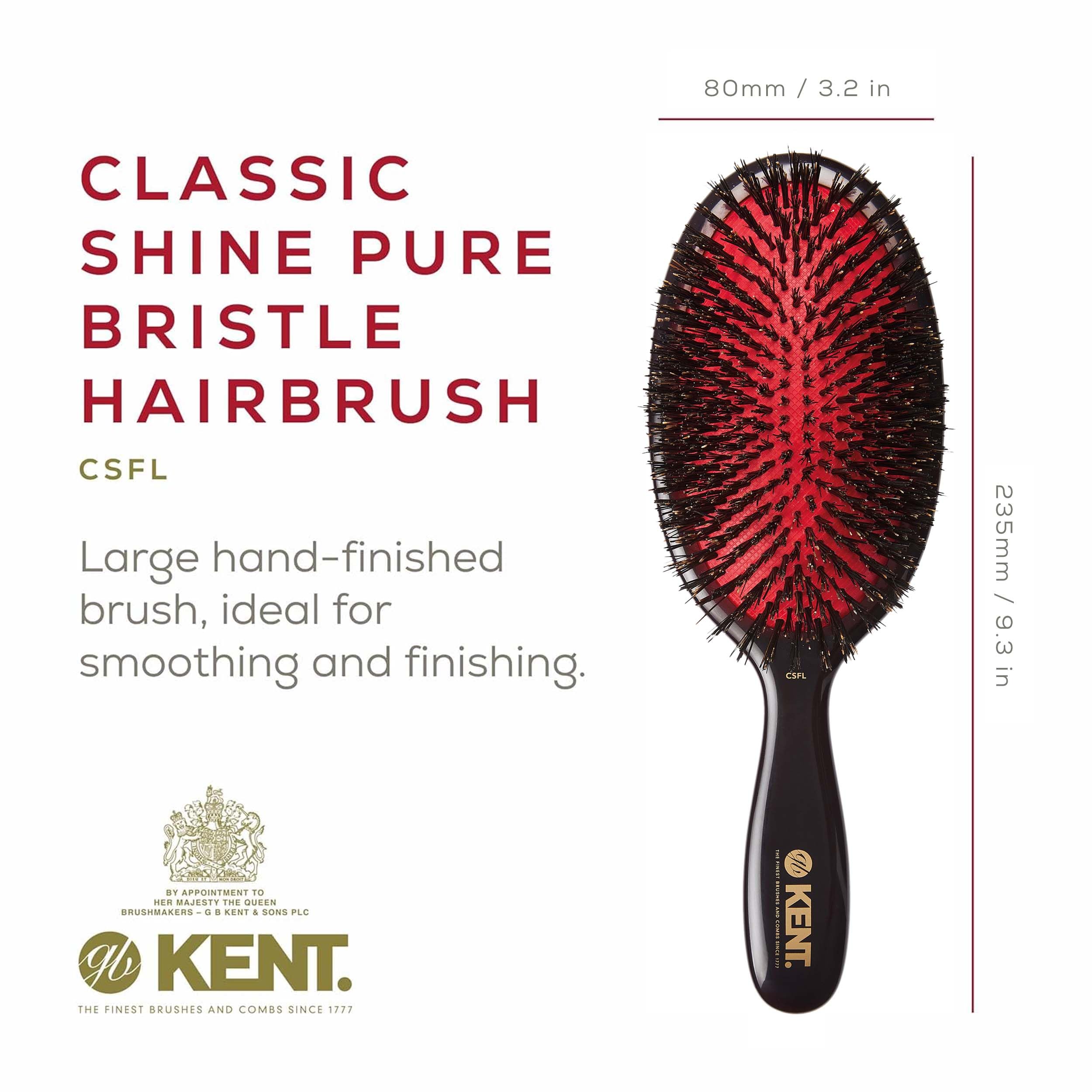 Kent CSFL Classic Shine Large Oval Cushion Straightening Brush and Hair Detangler - Natural Black Boar Bristle Hair Brush - Shin