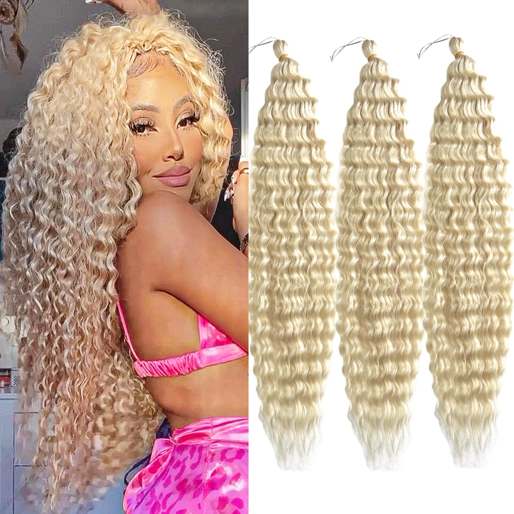Paraglame Blonde Deep Wave Crochet Hair 18 Inch Ocean Wave Crochet Hair 3 Packs Curly Braiding Hair Extensions for Women(3Packs,