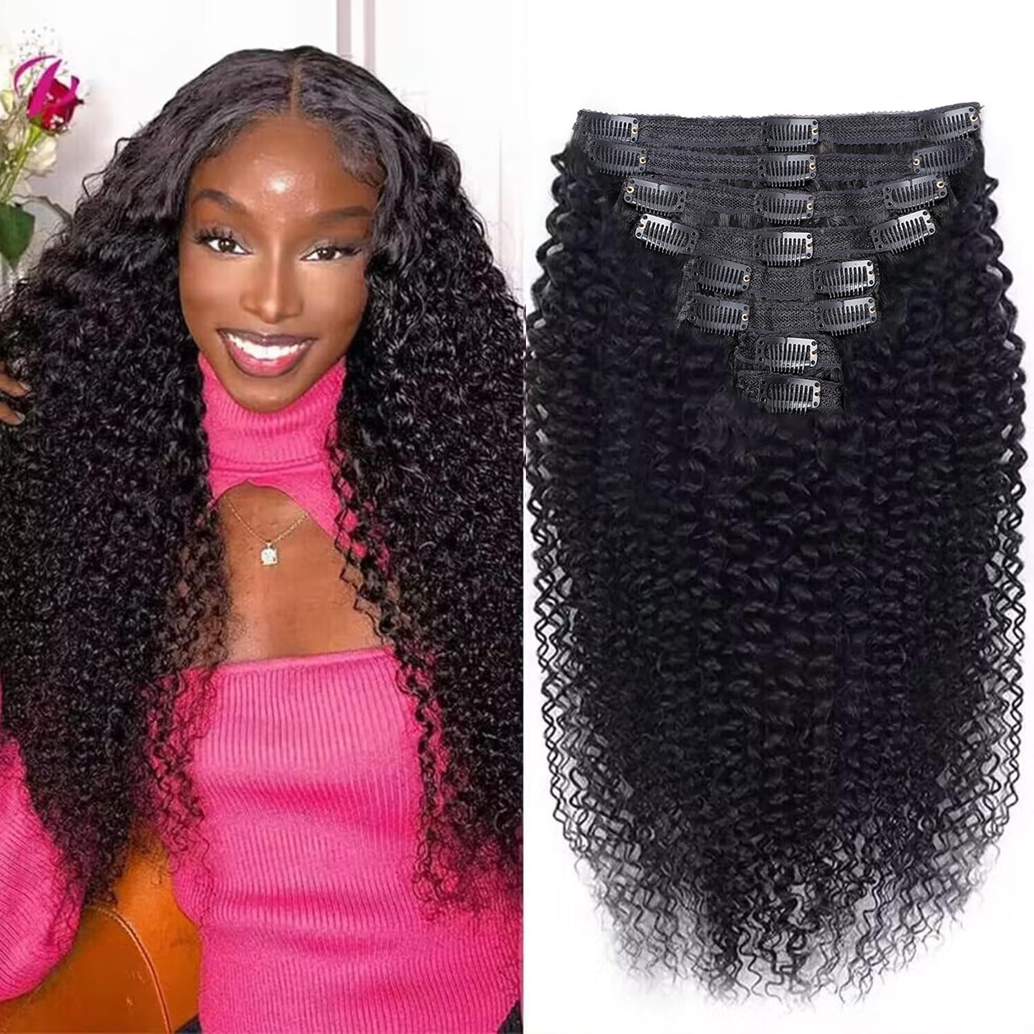 Cecycocy 3C 4A Kinky Curly Clip in Hair Extensions Human Hair for Black Women - 8Pcs 18Clips Double Weft Brazilian Remy Human Ha