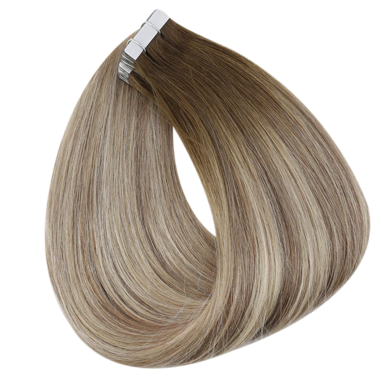 Full Shine Tape In Hair Extensions 16 Inch Glue On Hair Extensions Balayage Color 3 Dark Brown Fading To 8 Ash Brown Highlight 2