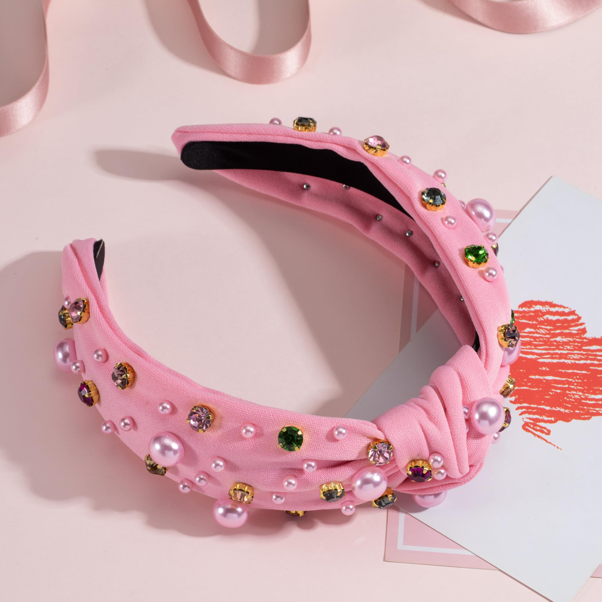 Mixcbe Valentines Day Pearl Headband For Women Holiday Red Pink Crystal Jeweled Knotted Headband Pink Wide Top Knot Headband Val