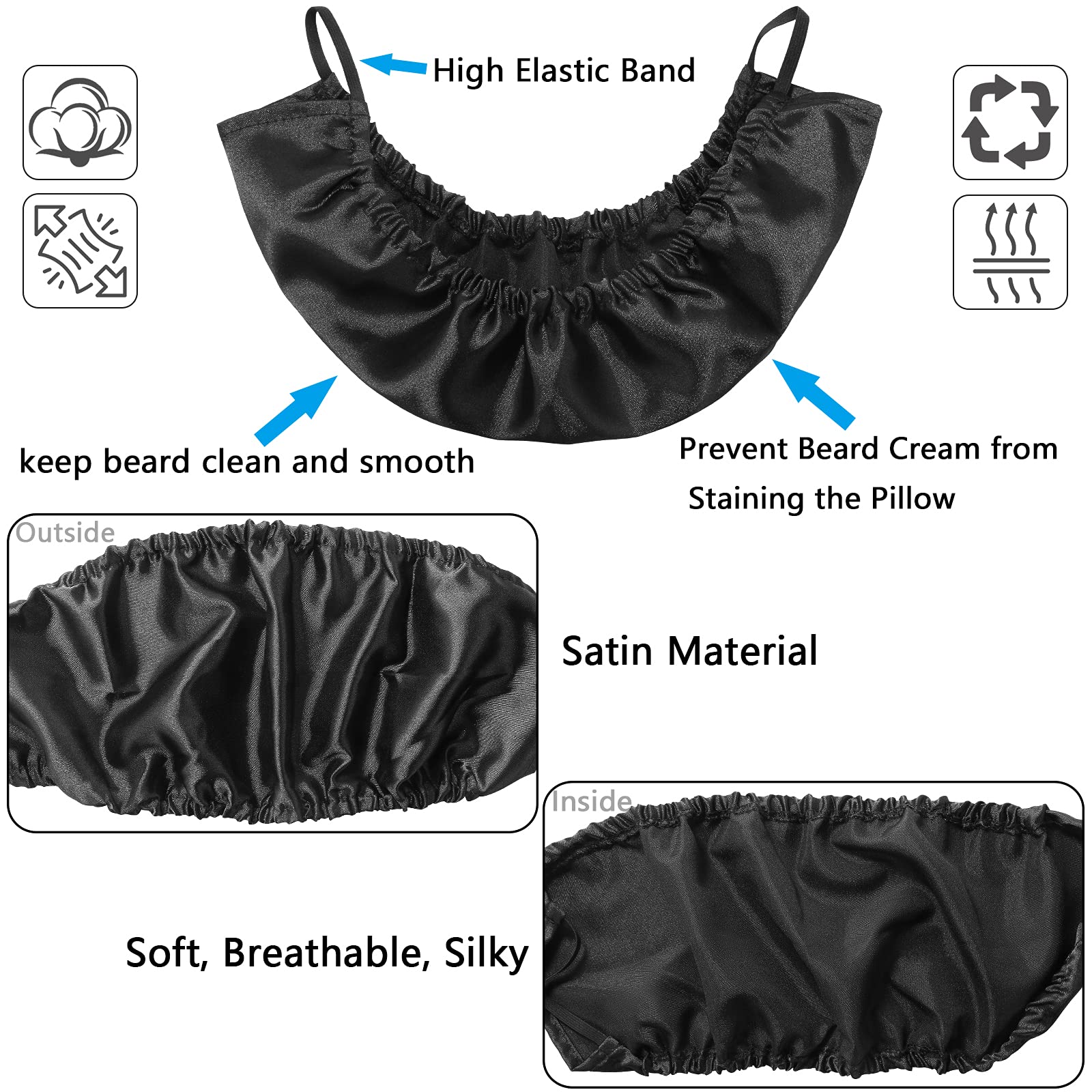 MIKIMIQI Beard Bandana Bib, 2 Pack Black Satin Beard Covers, Large Facial Hair Apron, Model A12-450