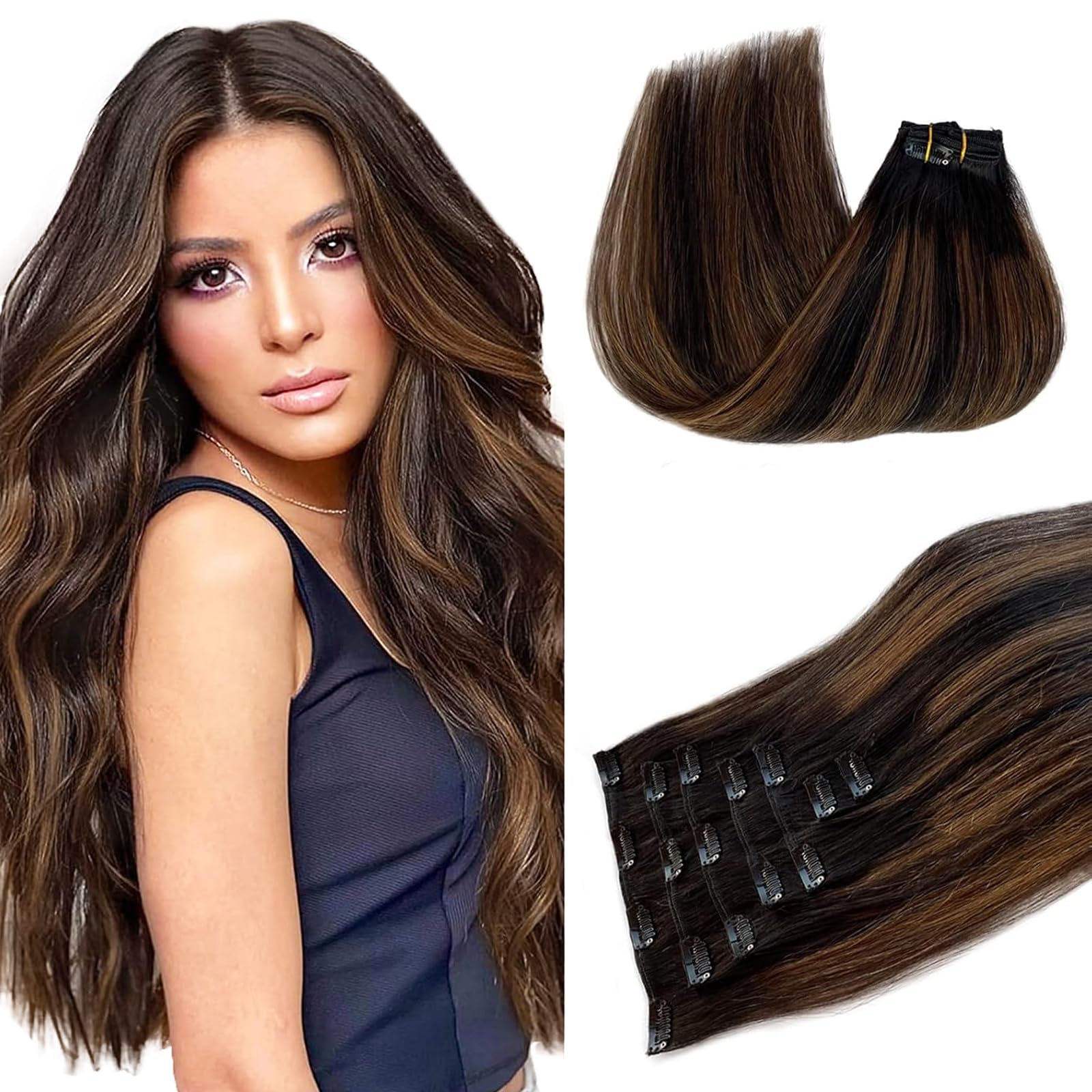 Clip in Hair Extensions, Omber Black to Chestnut Brown and Black 15inch 70g 7pcs Clip in Hair Extensions Real Human Hair Straigh