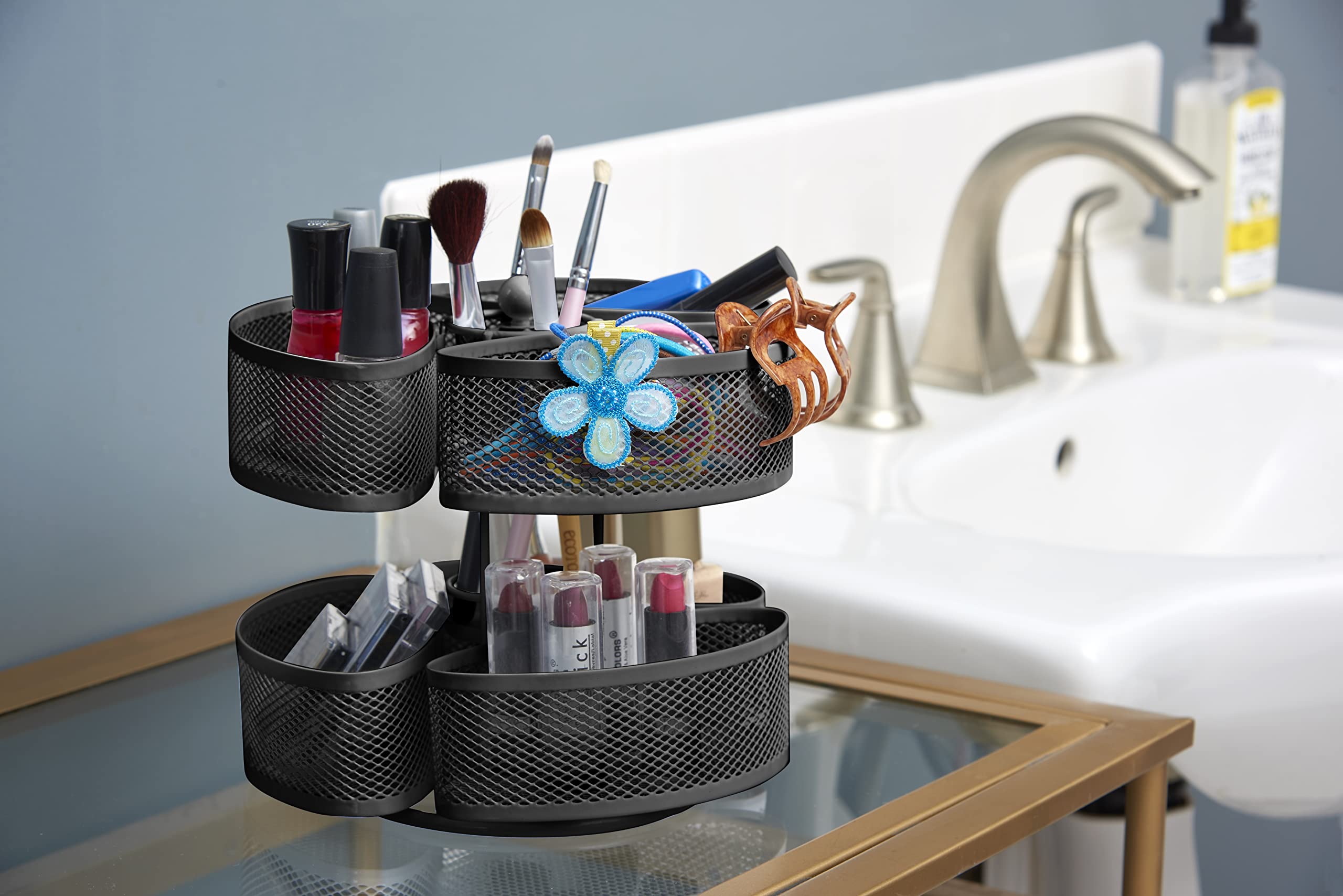 Nifty Organizing Carousel - Black Powder Coat Finish, Spins 360-Degrees, Cosmetic Bathroom Or Bedroom Vanity Storage, Beauty Sup