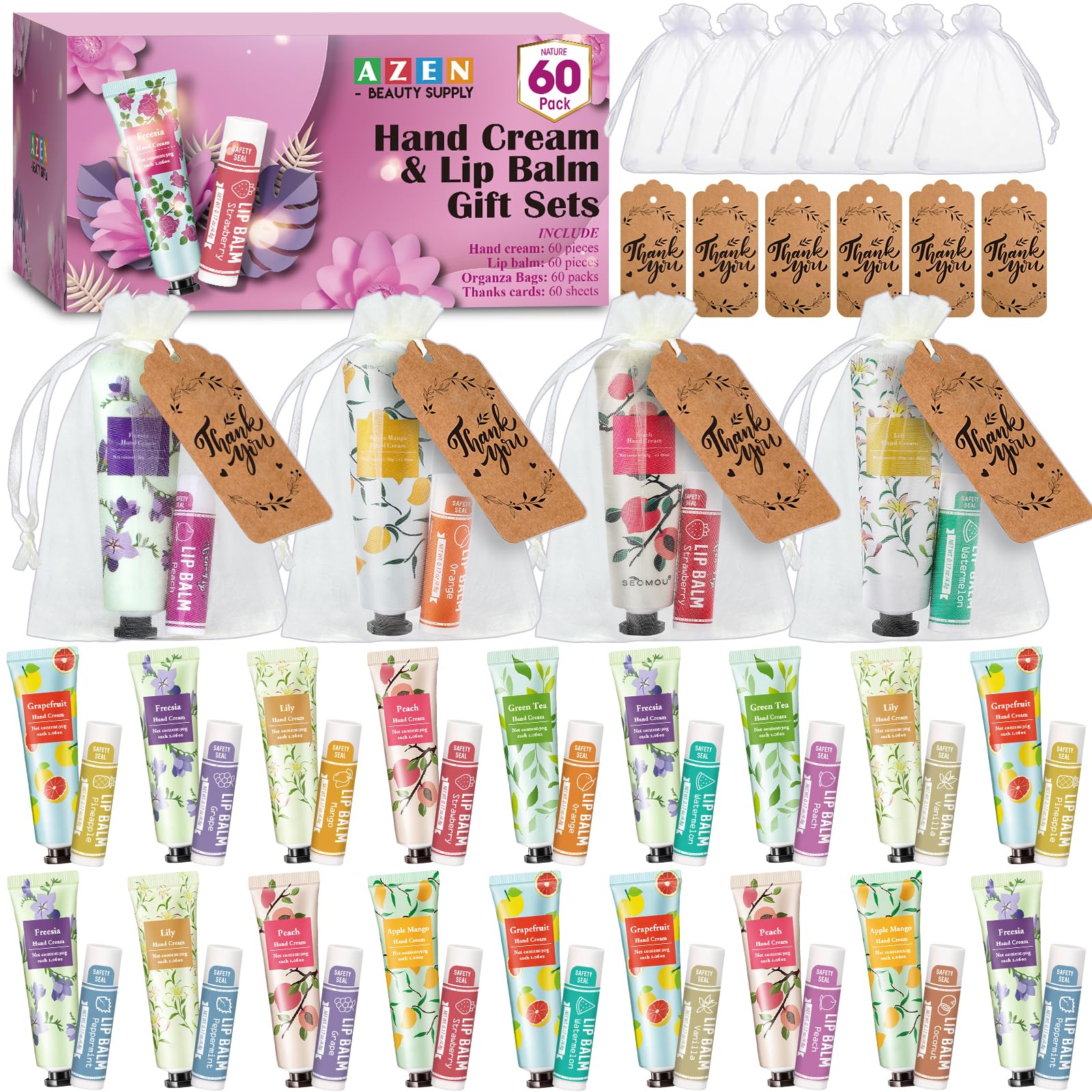 AZEN Hand Cream and Lip Balm Set, 60 Sets with Organza Bag, Bridal Shower Gifts, Thank You Gifts for Guests, Model B-60