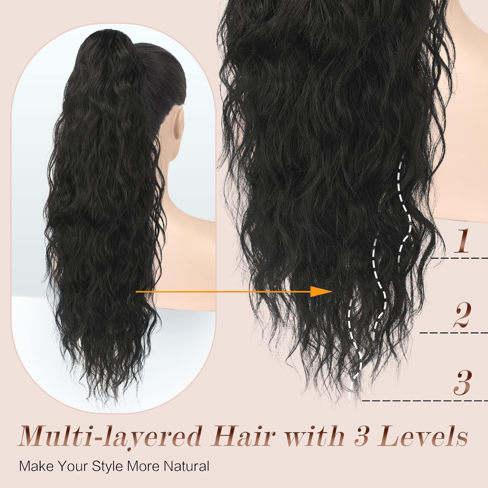 Feshfen Ponytail Extensions - 26 Inch Drawstring Long Curly Wavy Clip In Ponytails Synthetic Hair Piece Pony Tail Hairpieces For