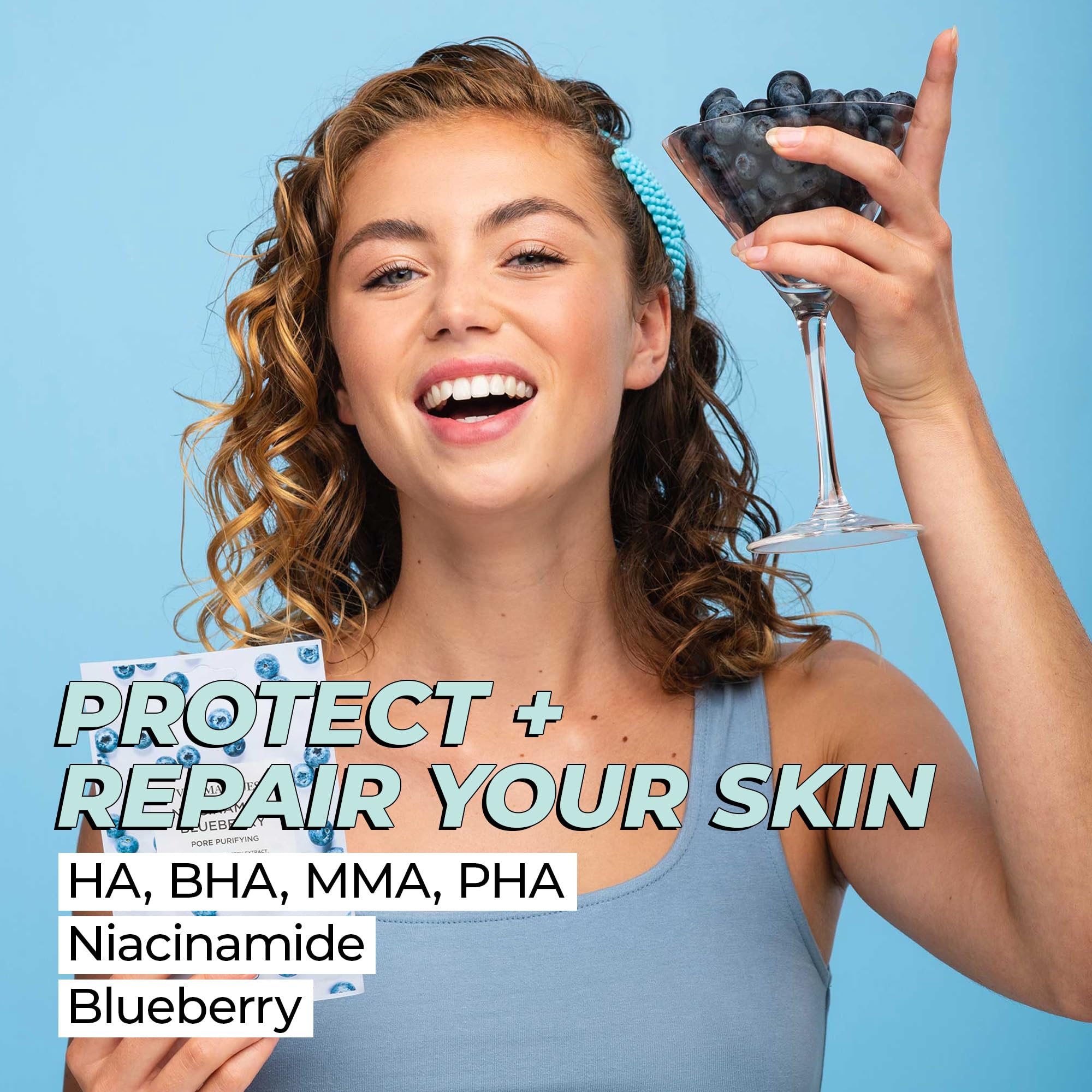 Vitamasques Niacinamide Blueberry Face Sheet Mask 7 Pack - Pore Purifying Korean Face Mask Improves Uneven Skin Tone & Reduces B