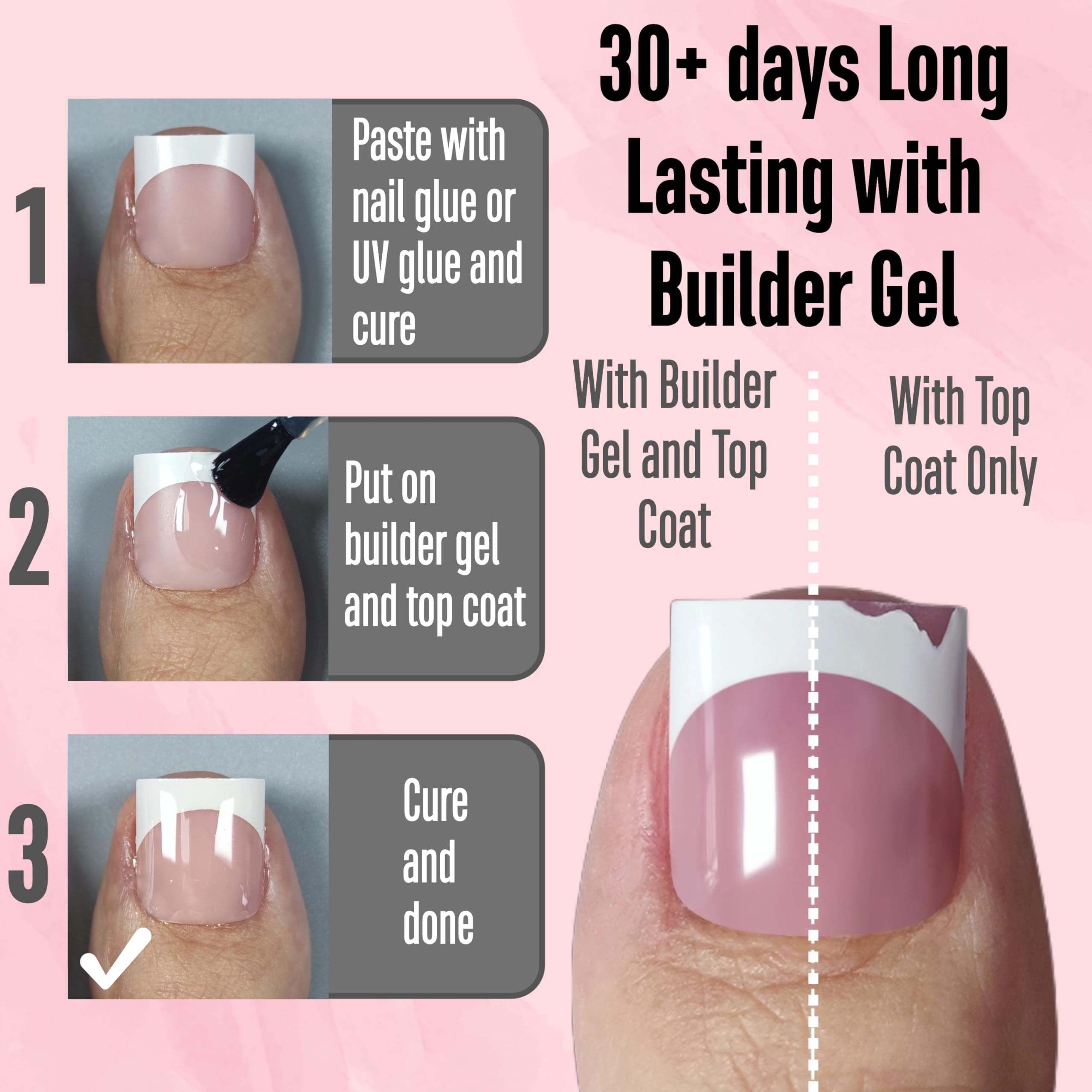 NOVO OVO French Tip Toe Nail Tips Press on, Sharp Square Pre-Designed Soft Gel False Toenail Extension, BABY PINK Pre-applied Ti