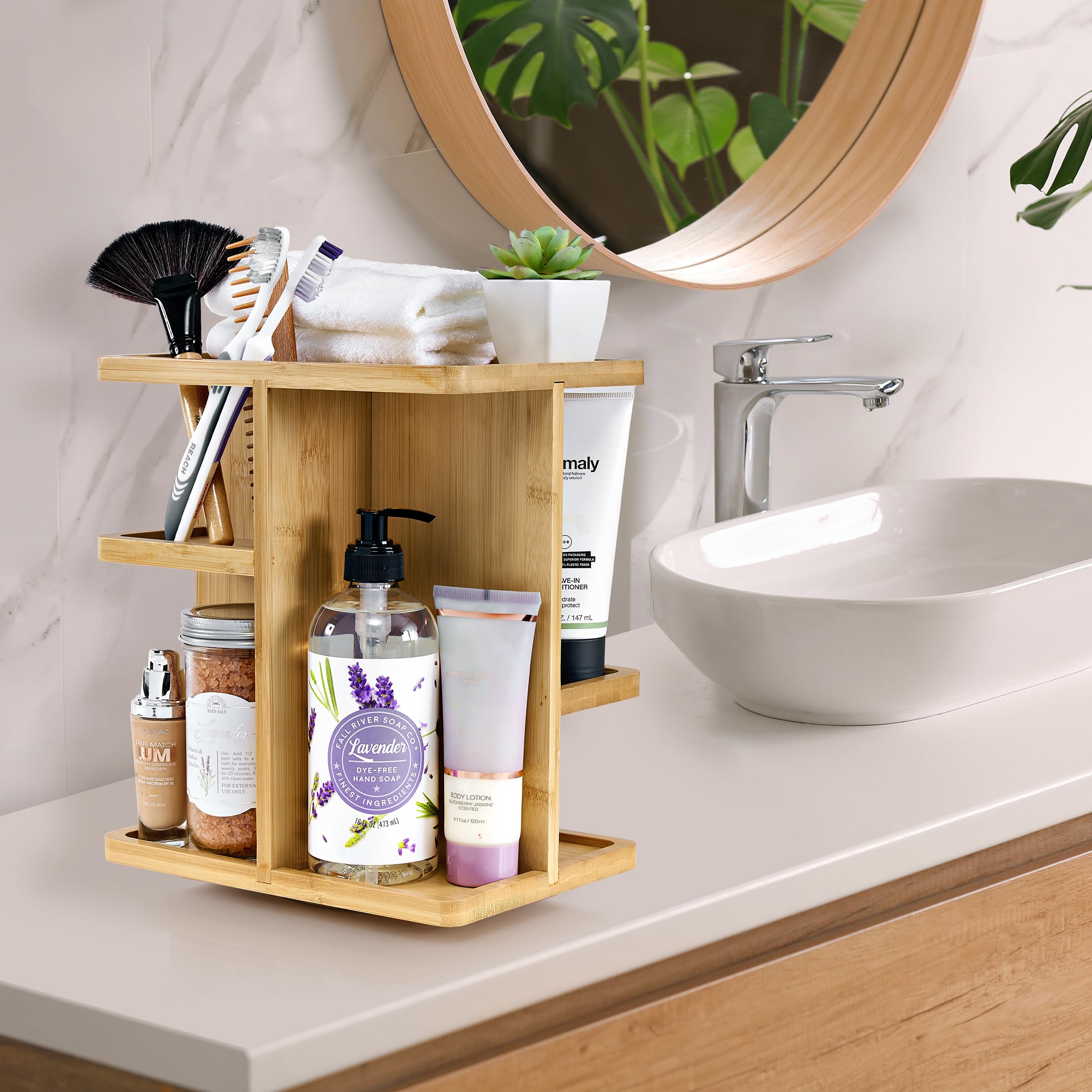 Sorbus 360 Makeup Organizer - Bamboo Wood Make Up Storage Carousel For Cosmetics, Skin Care Rotating Makeup Organizer For Vanity
