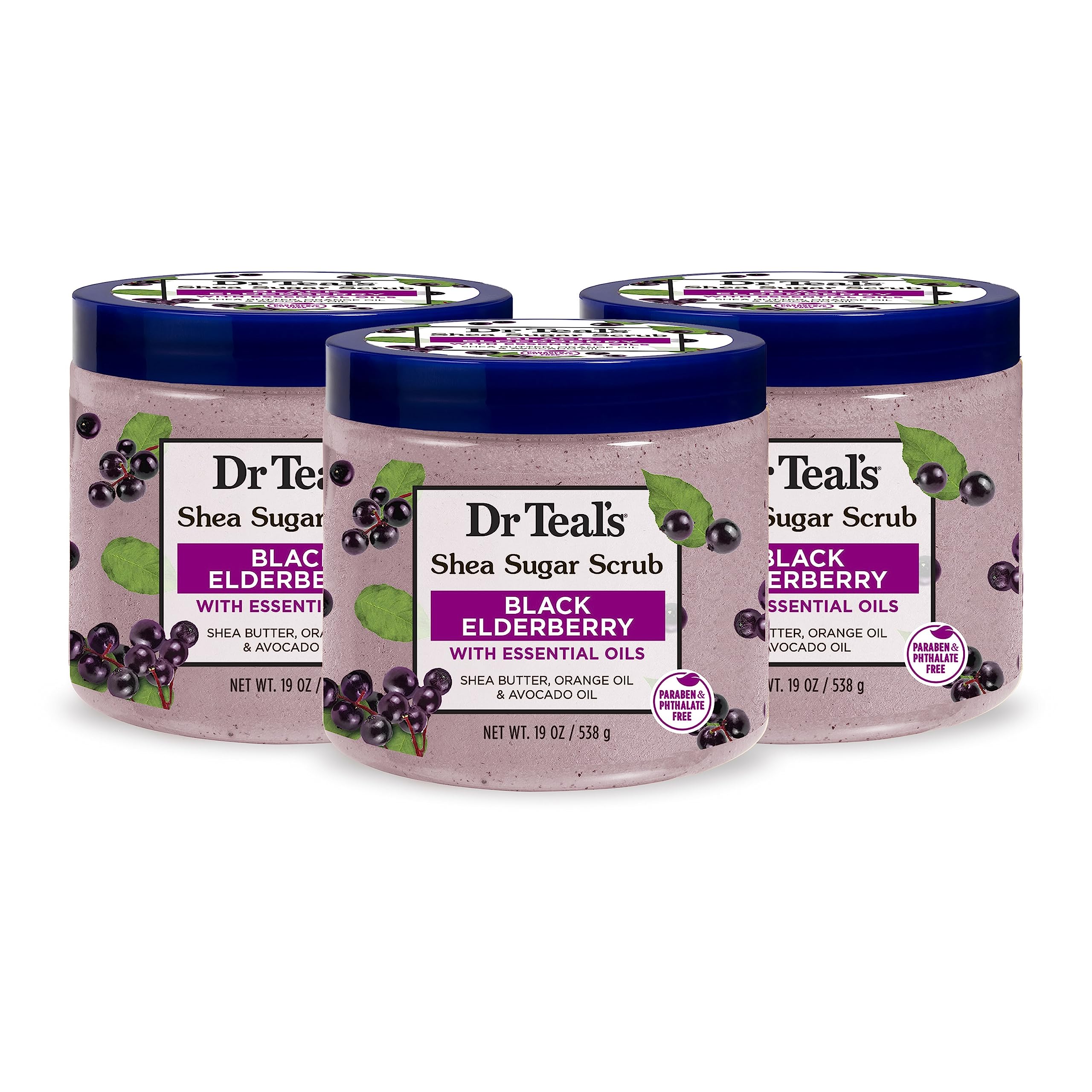 Dr Teal's Shea Sugar Body Scrub, Black Elderberry with Essential Oils, 19 oz (Pack of 3) (Packaging May Vary)