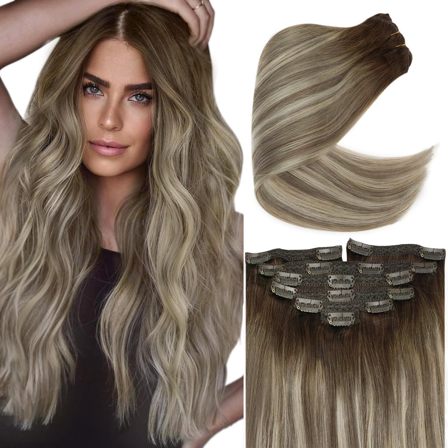 Ve Sunny Balayge Clip on Hair Extensions Human Hair Clip in Extensions Dark Brown Balayage Light Brown Mix Blonde Clip in Hair E