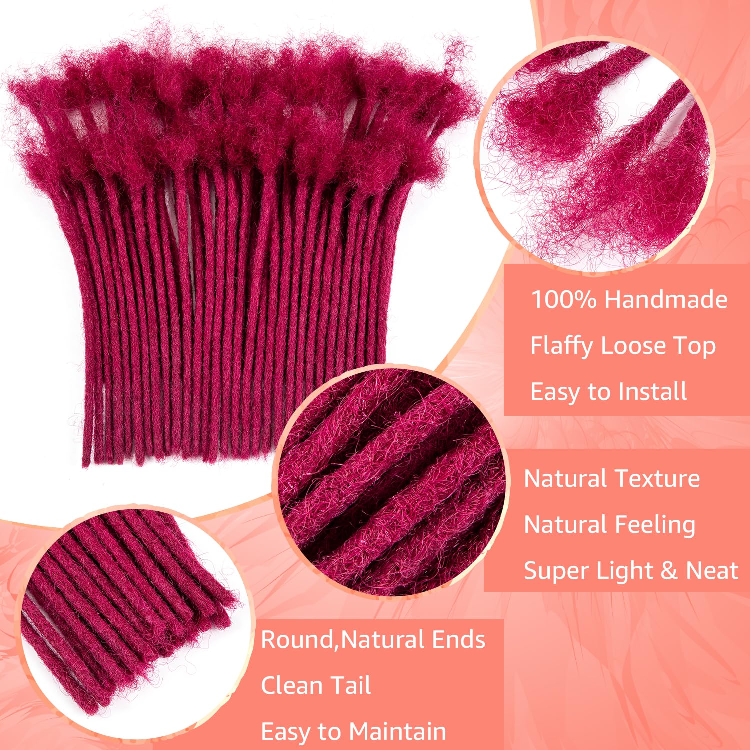 Teresa 4 Inch 0.4Cm Width Loc Extension Human Hair #Burgundy 70 Strands Full Hand-Made Permanent Locs Extensions Can Be Dyed And