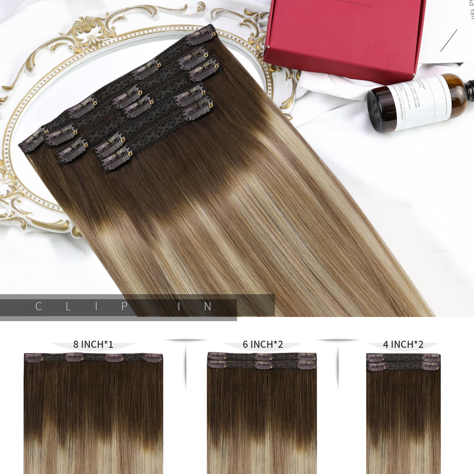 Moresoo Clip In Hair Extensions Real Human Hair Clip In Extensions Ombre Brown To Light Brown With Golden Blonde Balayage Hair E