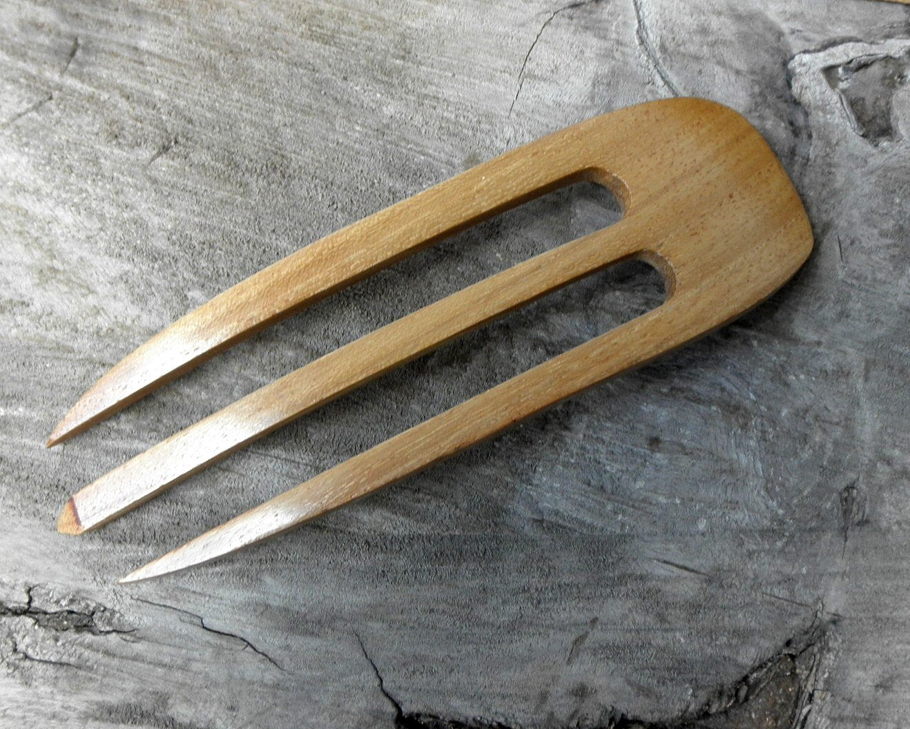 (1) Teak Wood Three Prong Curved 4.5 Inch Hair Stick Pick Pic Pin Fork