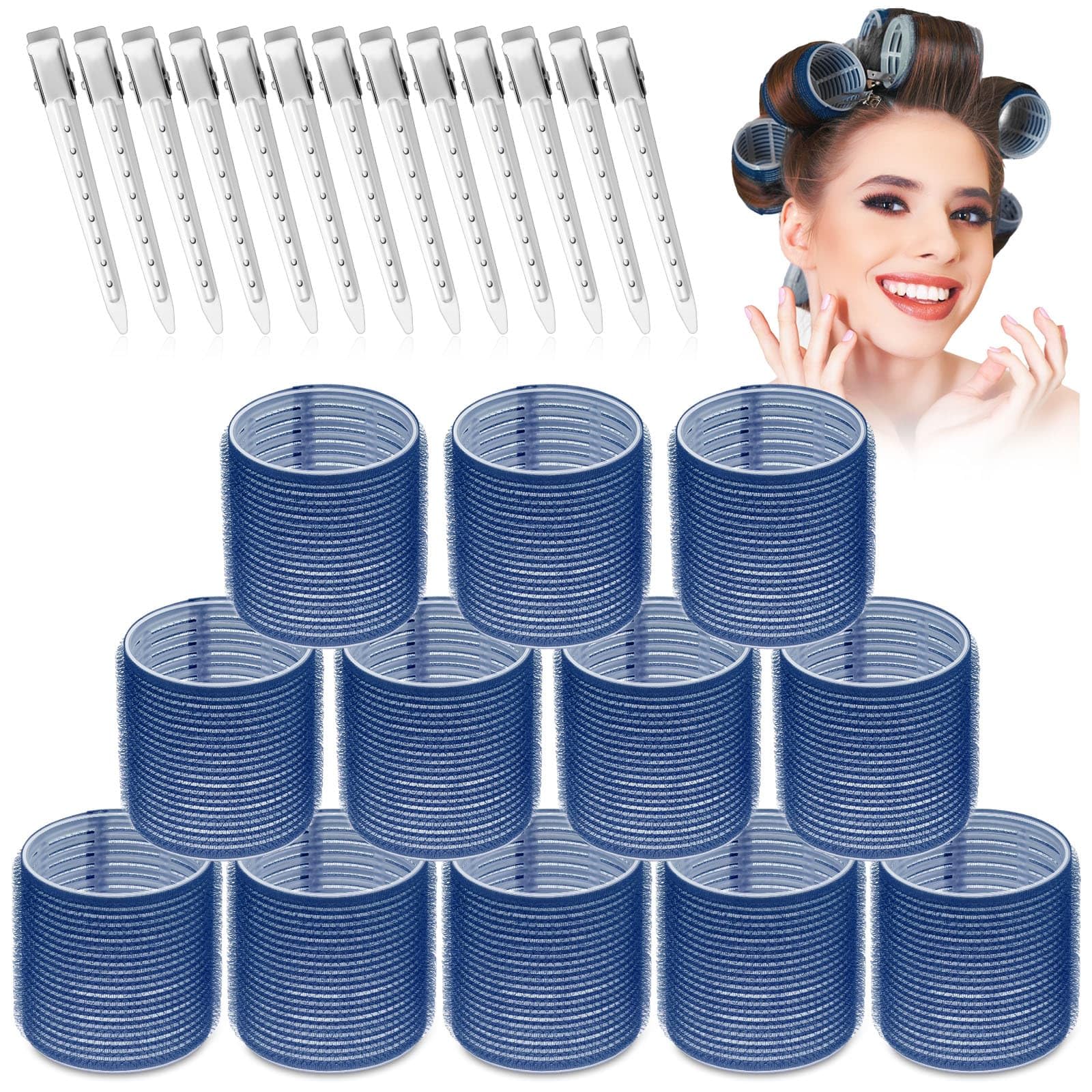 Jumbo Hair Curlers Set - 24 Large Rollers with 12 Rollers and 12 Clips for Long, Thick Volume (Blue)