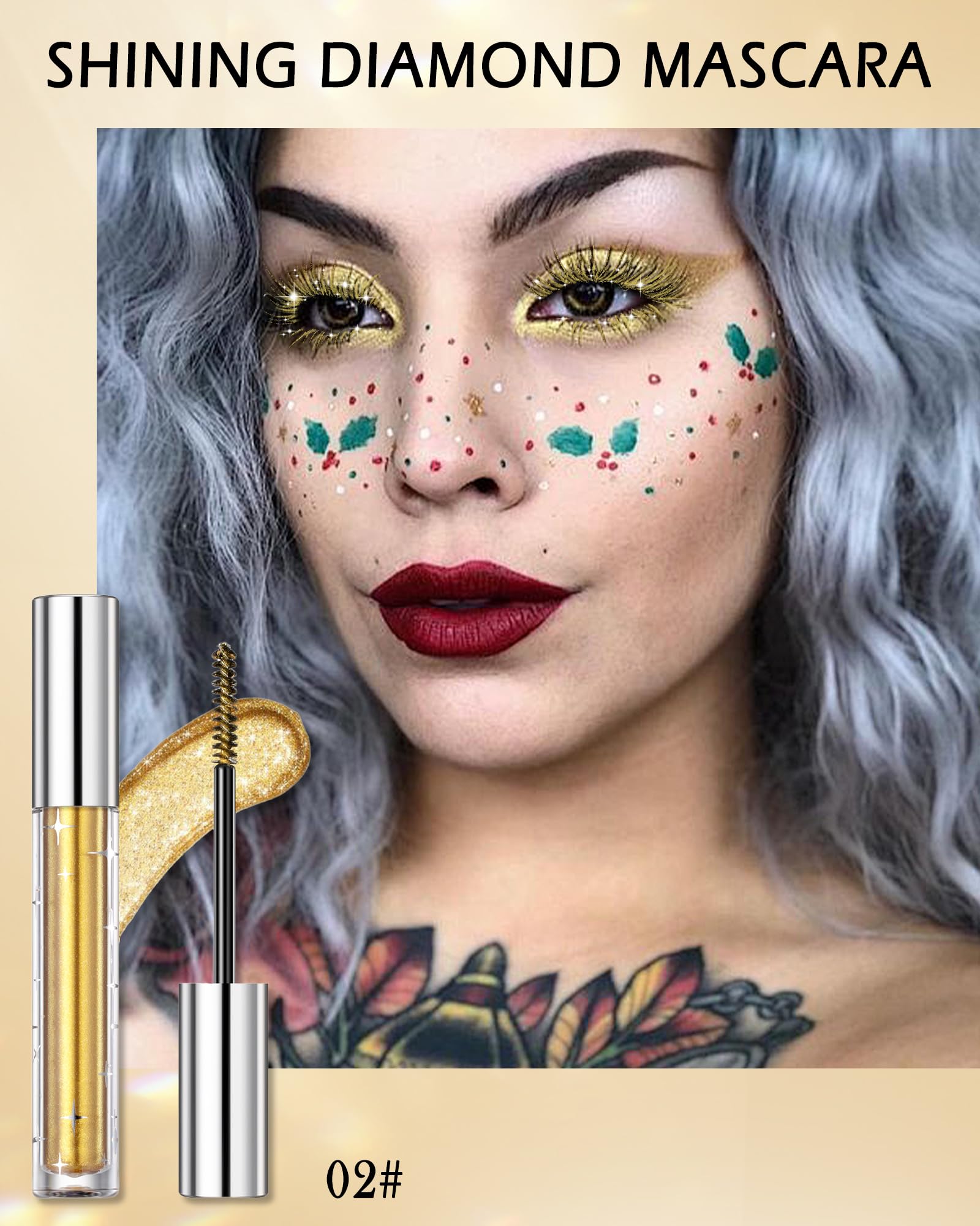 Glitter Mascara For Eyelashes, Sparkling Gold Colored Mascara Waterproof Long Lasting Diamond Mascara, Smudge-Proof No Clumping