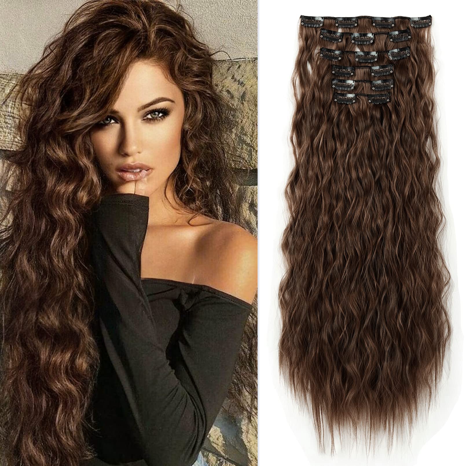 LONAI Clip In Hair Extensions, 6PCS Curly 24'' Long Synthetic Clip On Hairpiece For Women-Dark Brown with Copper Highlights