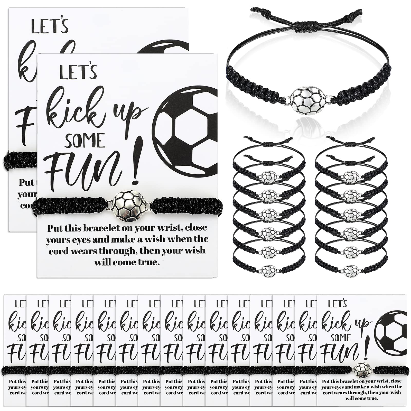 Inbagi 30 Pcs Soccer Bracelets for Girls and Boys with 30 Pcs Cardboard Soccer Adjustable Braided Rope Pendant
