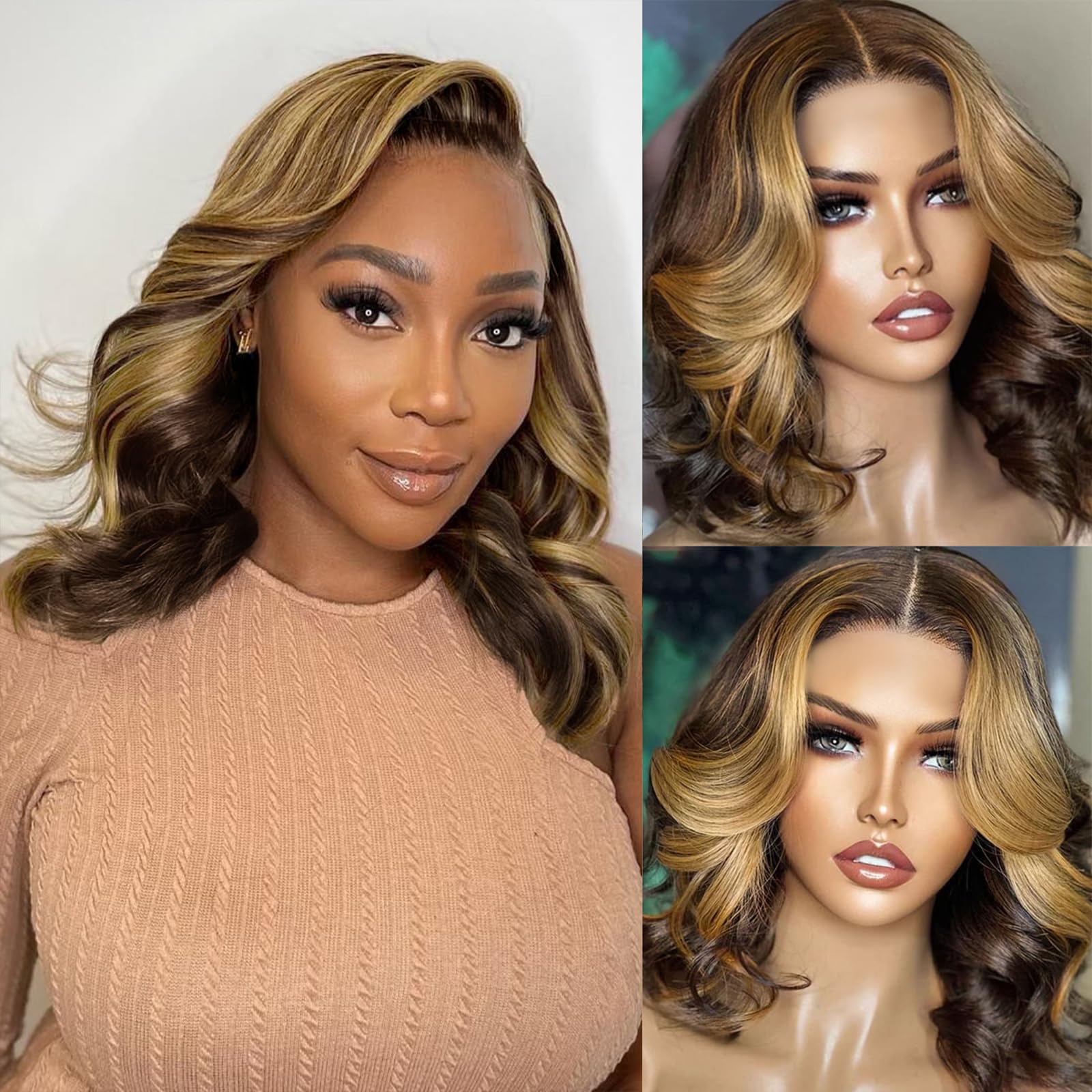RECOOL Loose Body Bob Wig Highlight Blonde Short Body Wave Human Hair Wig For Black Women 5x6 HD Glueless Lace Front Wigs Pre Pl
