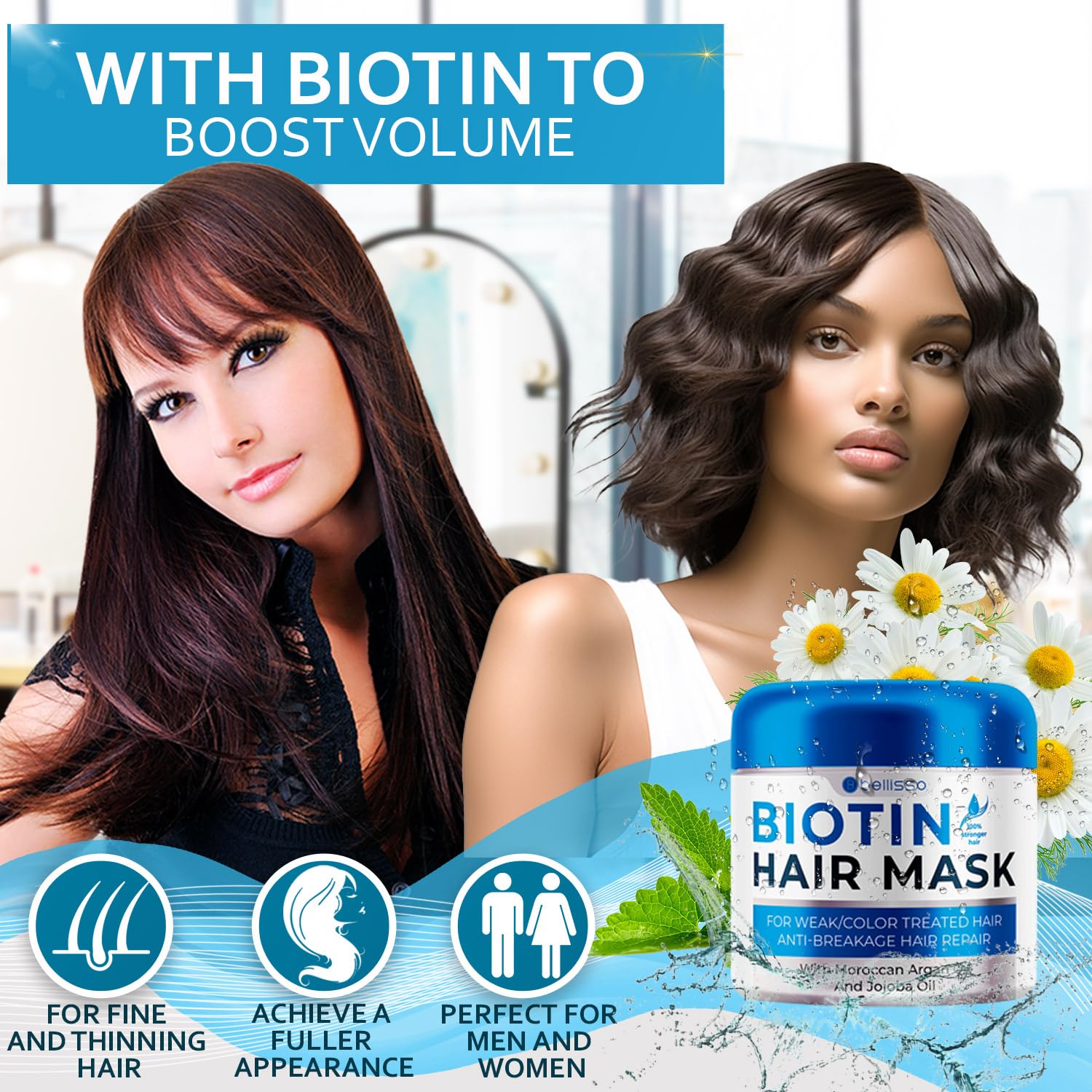 BELLISSO Biotin Hair Mask - 8.45 Fl Oz, Deep Conditioner for Dry Hair, Hydrating Repair Treatment, Sulfate & Paraben Free