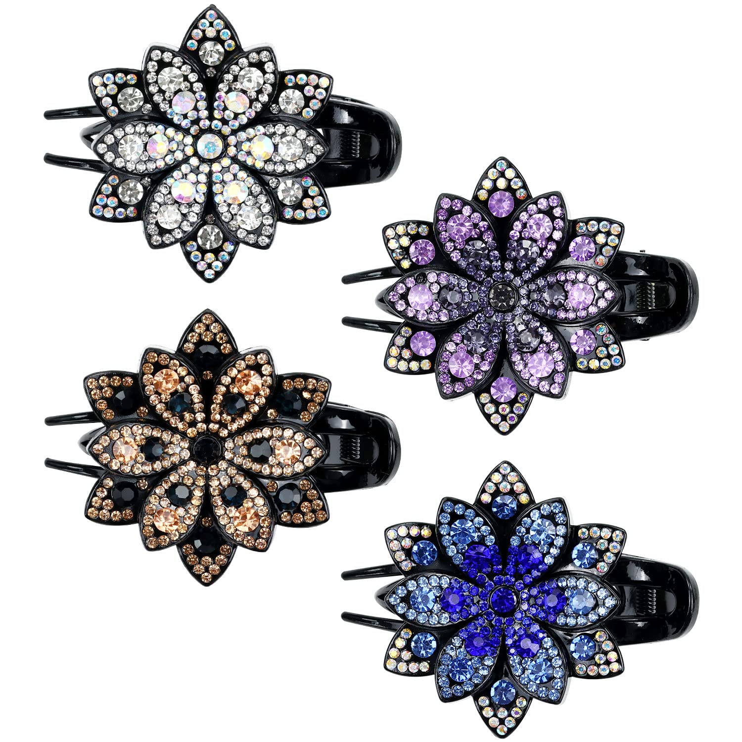 Insowni 4 Pack Luxury Fancy Glitter Sparkly Crystals Rhinestones Decorative Plastic Flower Hair Claws Clips Floral Barrettes Bun