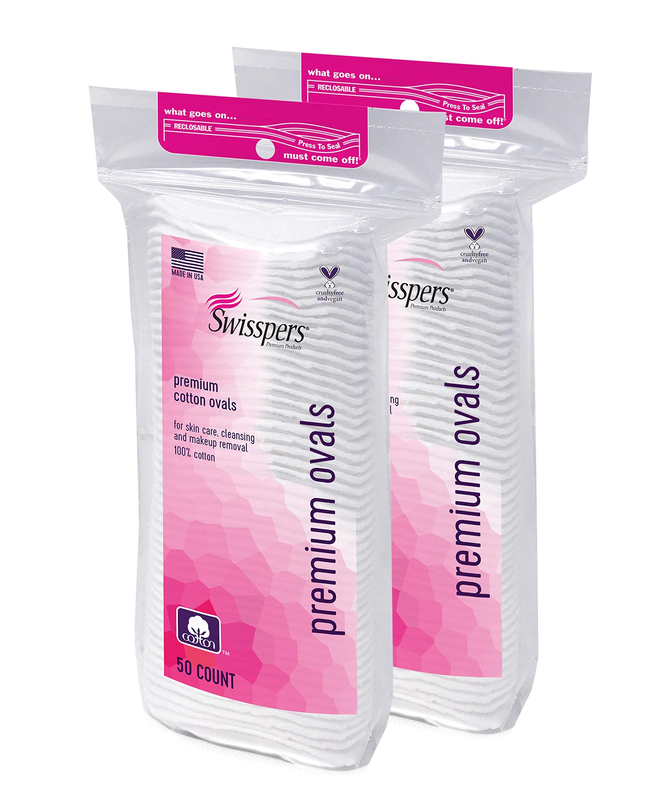 Swisspers Premium 100 Percent Cotton Ovals, Reclosable Bags, 50 Count Bags, 2 Pack (100 Count Total)