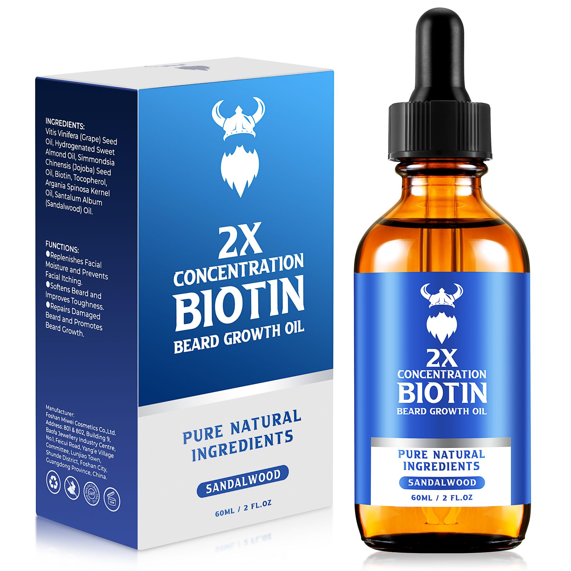 Beard Growth Oil - 2X Concentration Biotin Beard Oil for Men (2 oz) - Natural Mens Beard Oil with Argan Oil, Jojoba Oil and Vita