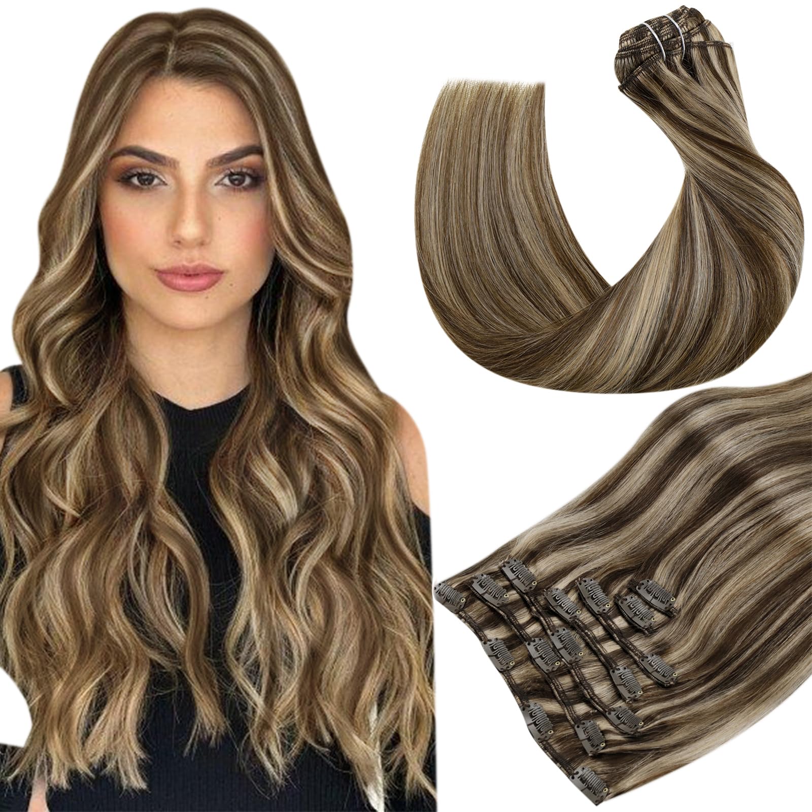 Hetto Clip in Hair Extensions Brown Highlight Blonde Clip in Human Hair Extensions 18 Inch 7 Pieces Hair Extensions Clip in Real