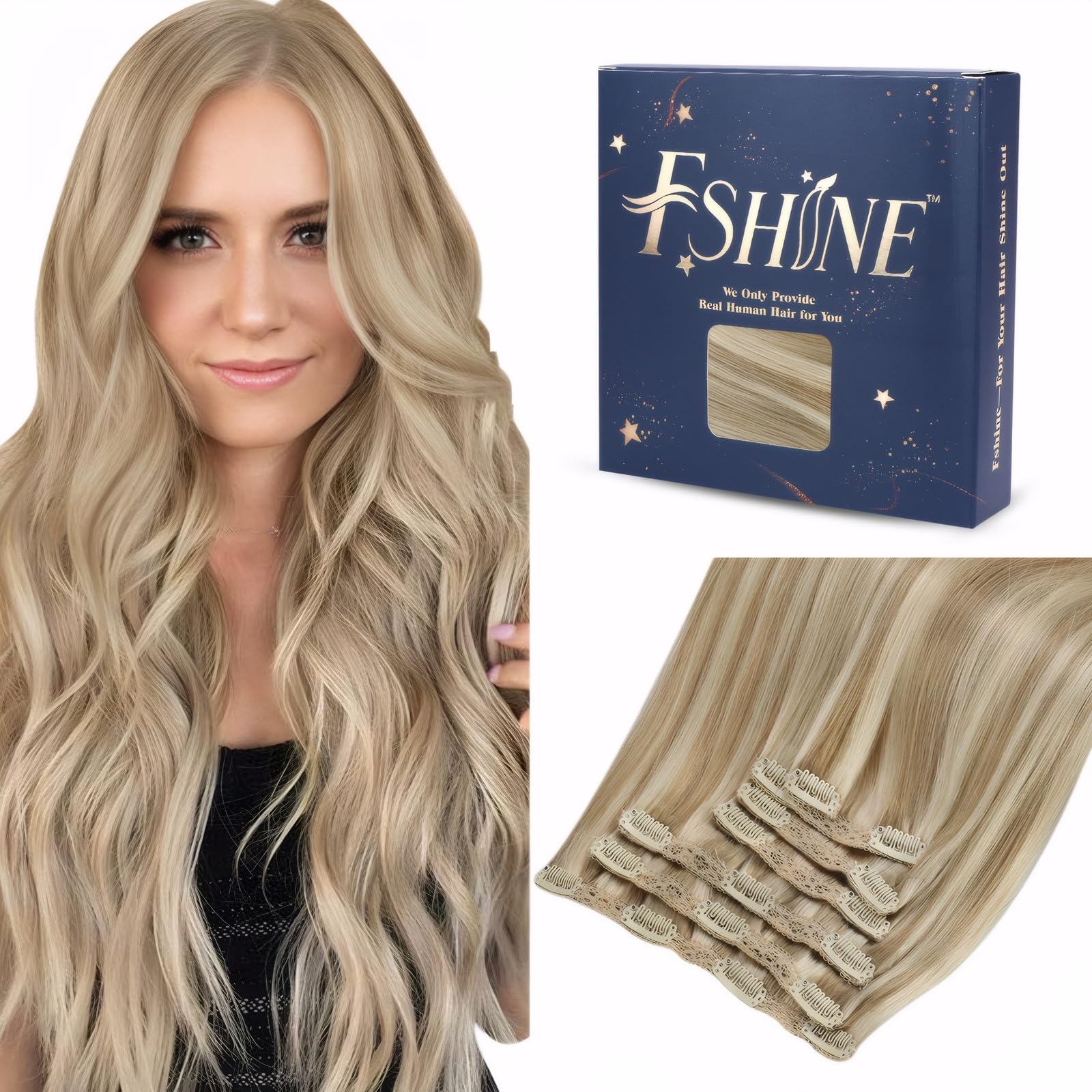Clip in Hair Extensions Real Human Hair, Fshine Ash Blonde Highlighted Golden Blonde Clip in Human Hair Extensions Lace Double W