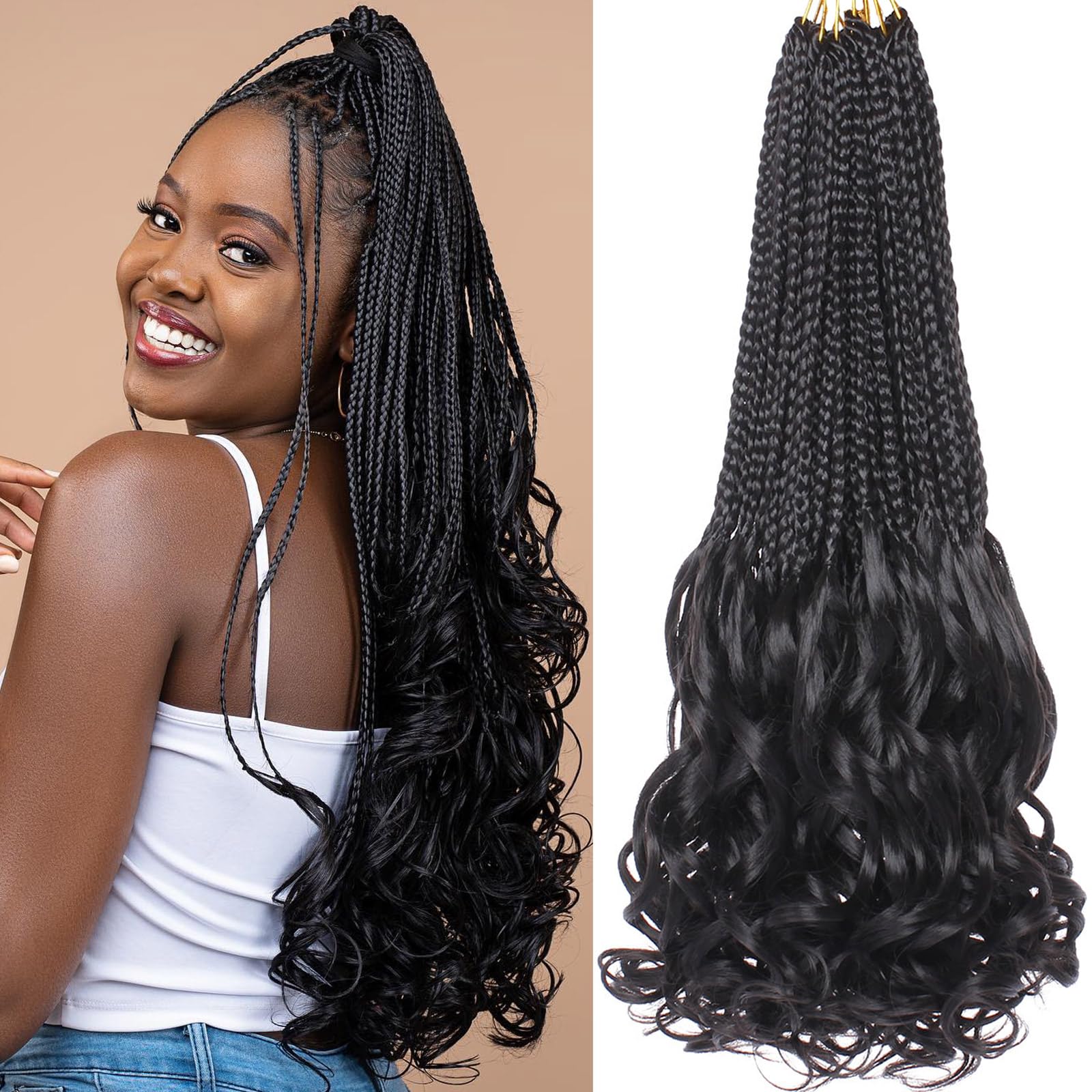COOKOO 18 Inch 9 Pack Pre Looped French Curly Box Braids Crochet Hair Natural Black French Curl Braiding Hair with Curly Wavy En