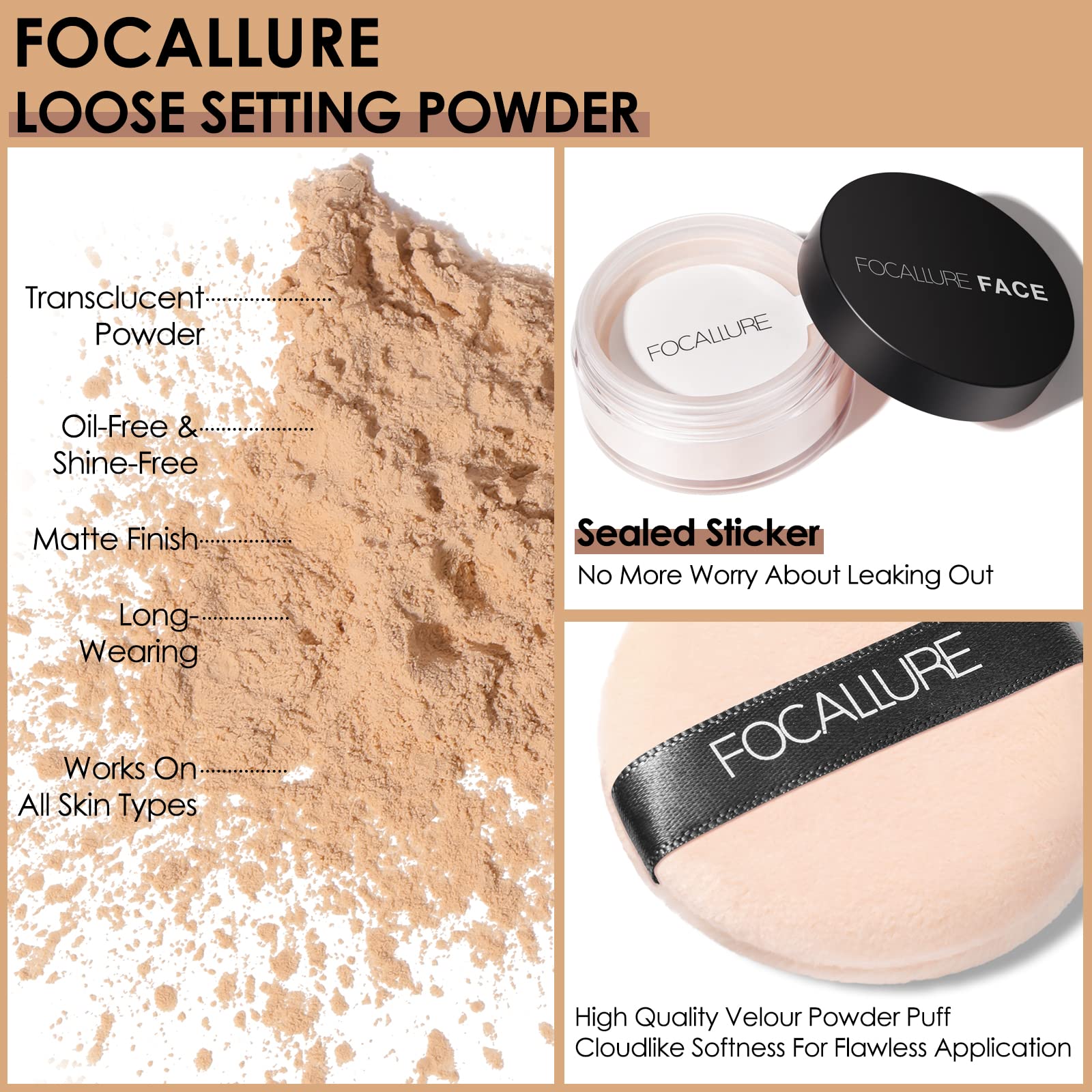 FOCALLURE Oil Control Loose Face Powder, Translucent Loose Setting Powder, Shine-Free Matte Finishing Powder, Long-lasting & Lig