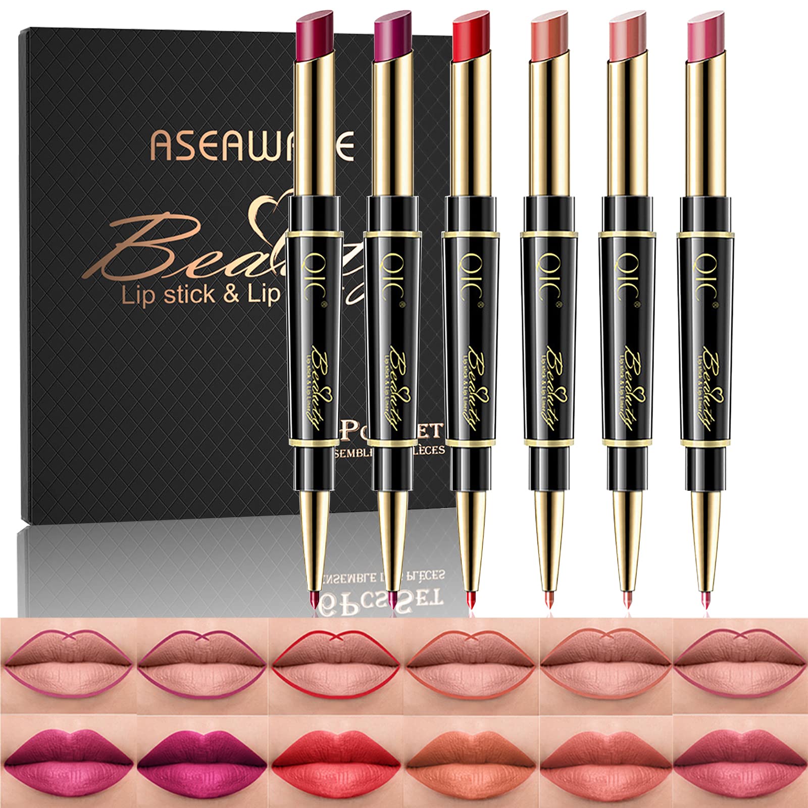 Lip Liner And Lipstick Makeup Set, 6Pcs 2 In 1 Double Head Lipstick Set Waterproof Long Lasting Matte Lipstick Gift Set For Dail
