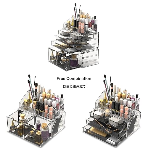 READAEER Makeup Organizer 3 Pieces Cosmetic Storage Case with 6 Drawers (Clear)