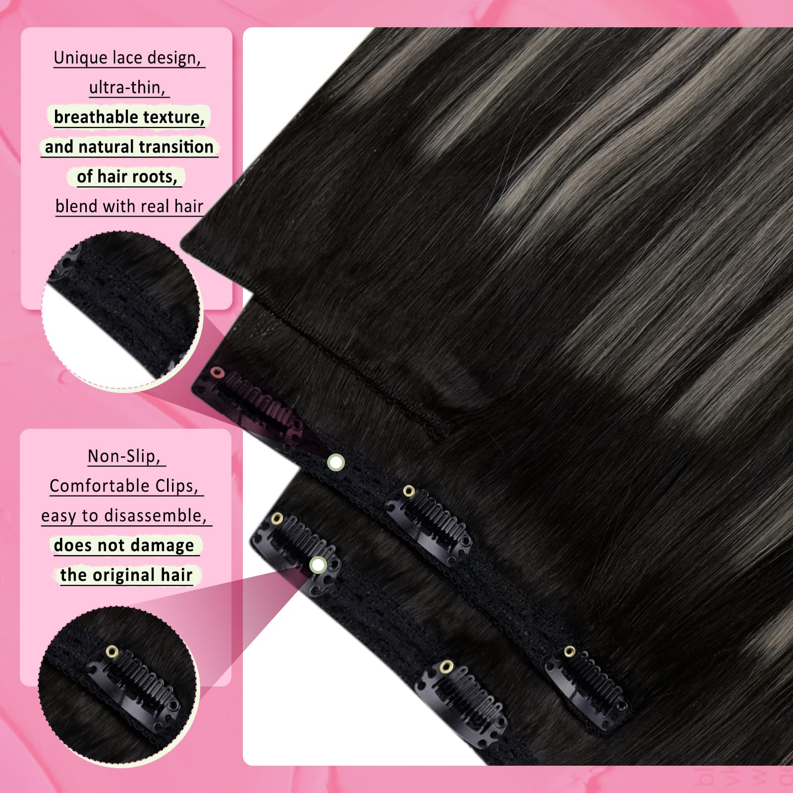 YoungSee 150G Clip in Extensions Ombre Clip in Hair Extensions Real Human Hair Black and Silver with Black Roots Clip in Extensi