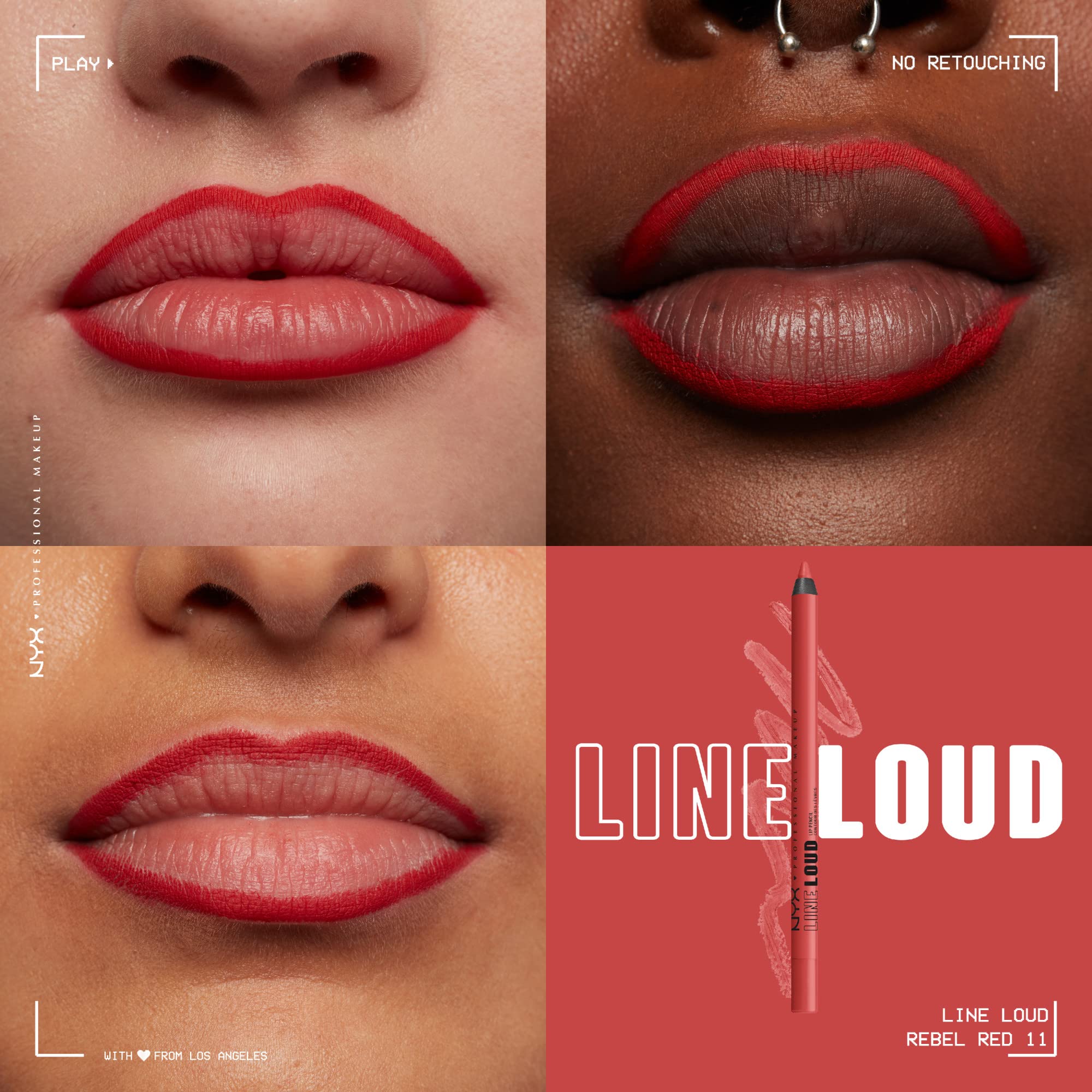 NYX PROFESSIONAL MAKEUP Line Loud Lip Liner, Longwear and Pigmented Lip Pencil with Jojoba Oil  Vitamin E - Rebel Red (Warm Red)