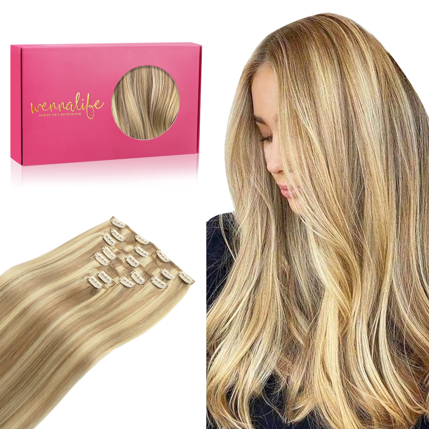 Wennalife Clip In Human Hair Extensions, 24 Inch 120G 7Pcs Light Blonde Highlighted Golden Blonde Hair Extensions Clip In Human