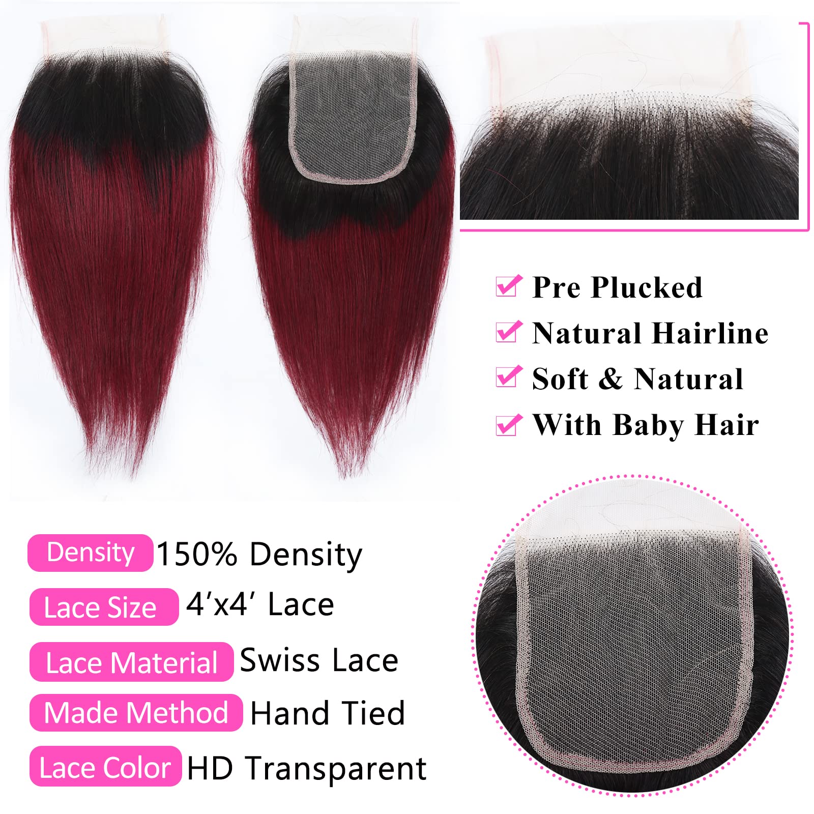 1B/99J Ombre Bundles With Closure(10 10 10+10) Brazilian Straight Bundles Human Hair Red Burgundy Short Bob Human Hair 3 Bundles