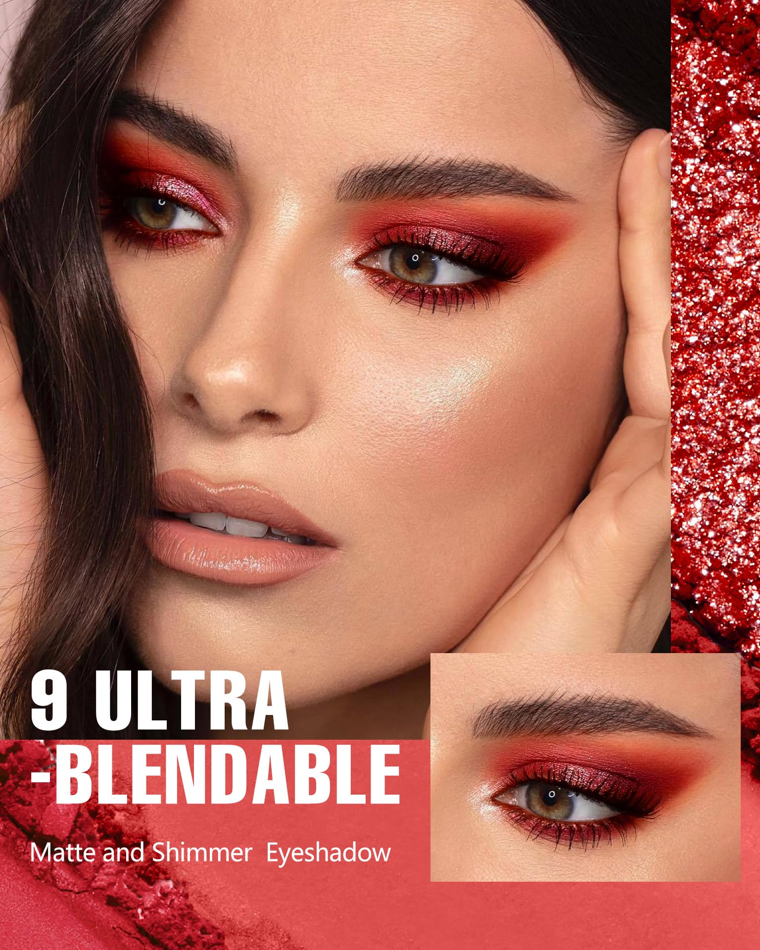 Maki Yika Matte Glitter Eyeshadow Palette 9 Colors,Red Shimmer Eye Shadow Long Lasting High Pigmented Powder Colorful Waterproof