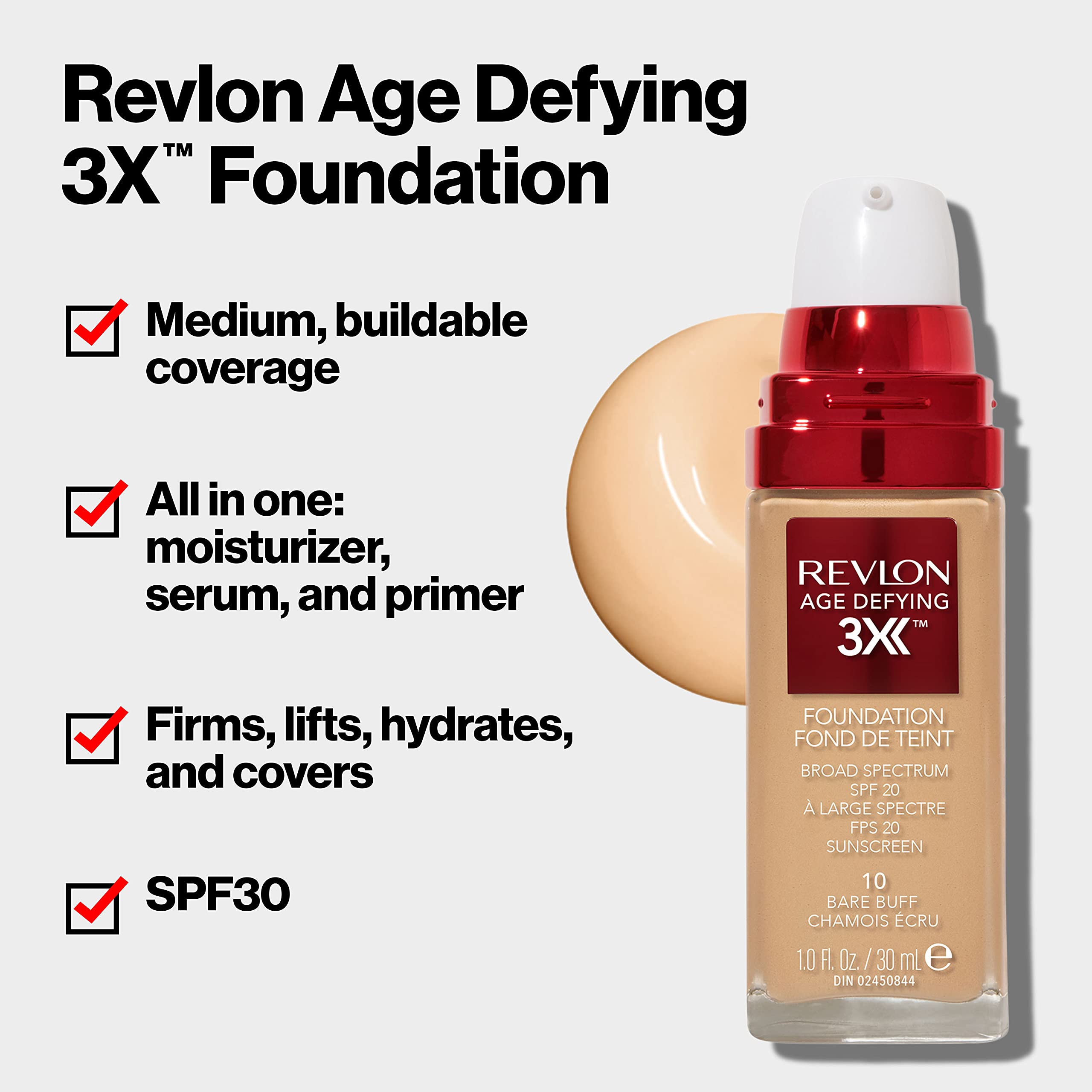 Revlon Age Defying 3X Makeup Foundation, Firming, Lifting and Anti-Aging Medium, Buildable coverage with Natural Finish SPF 20,