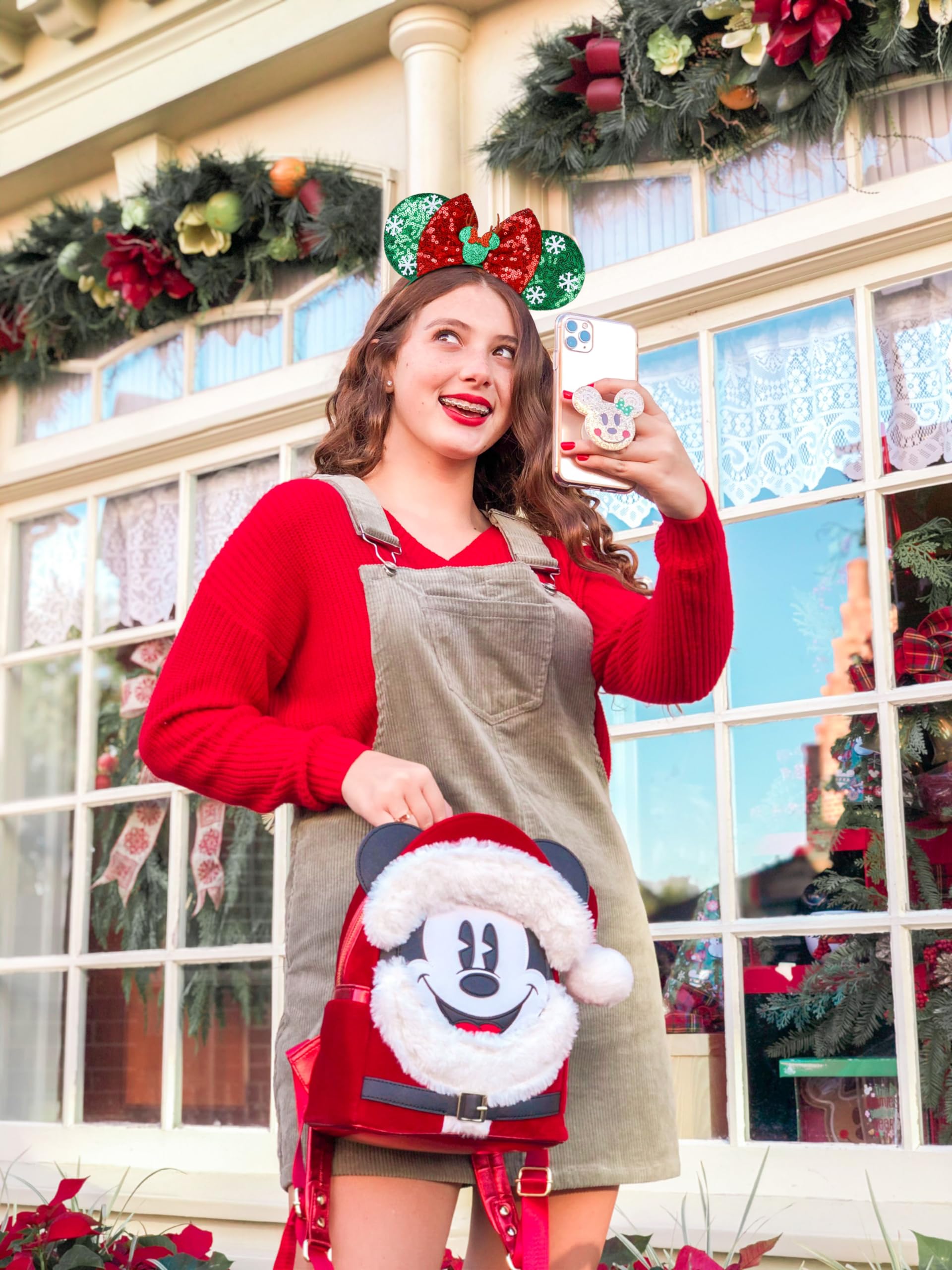 WOVOWOVO Christmas Mouse Ears Headbands for Women Girls, Bow Decoration Hairbands with Green Sequin and White Snowflake Headband